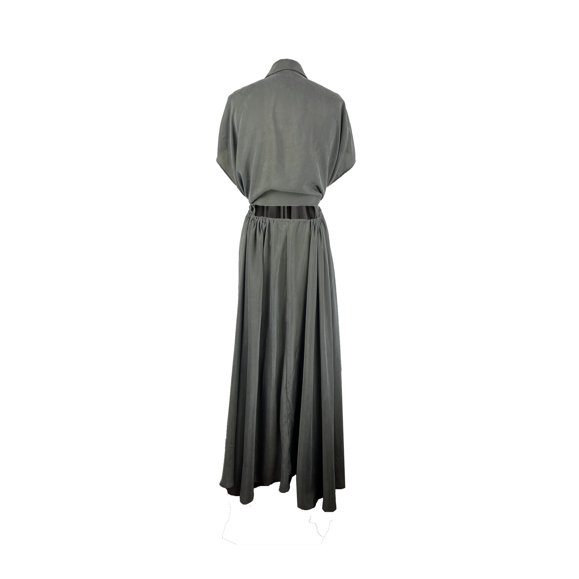 Back of olive cupro dress with an adjustable waist and button detailing
