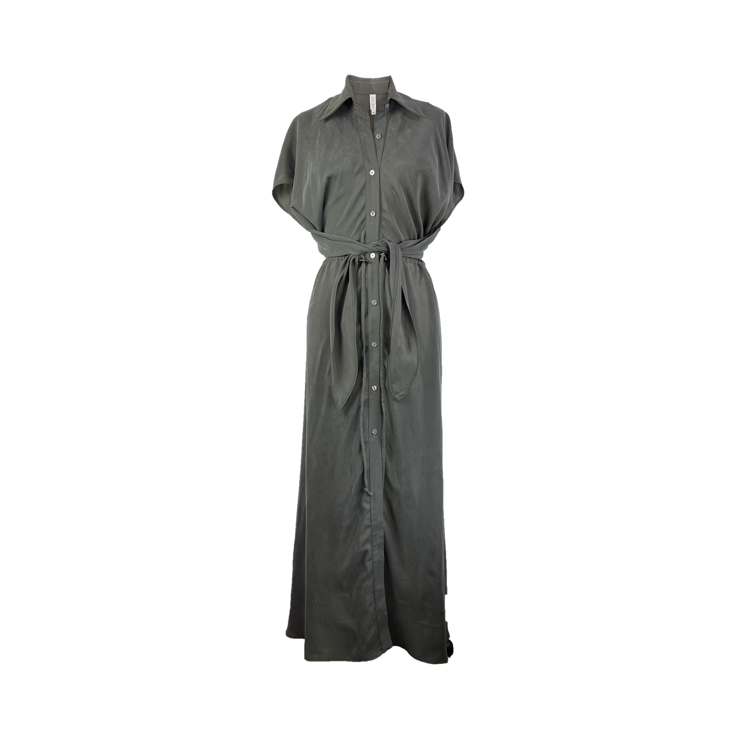 Olive cupro dress with an adjustable waist and button detailing