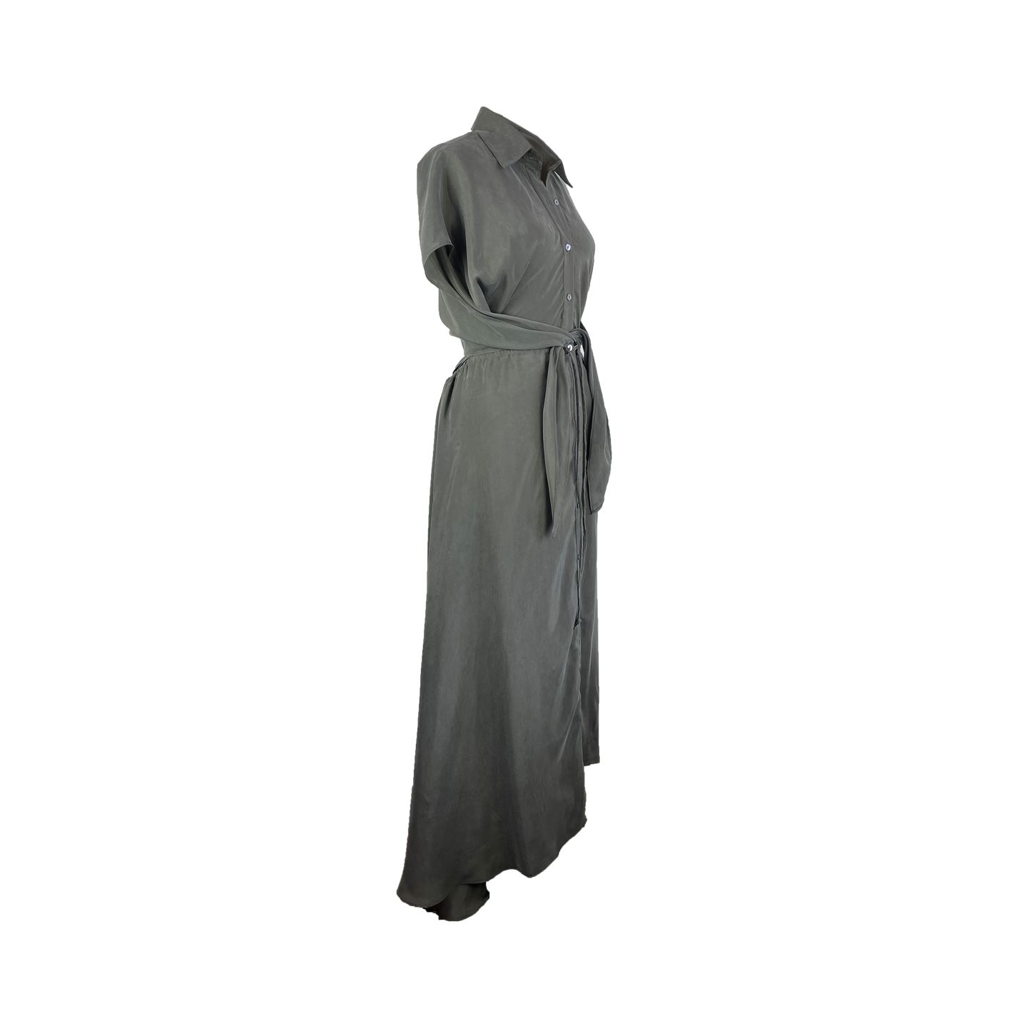 Side of olive cupro dress with an adjustable waist and button detailing