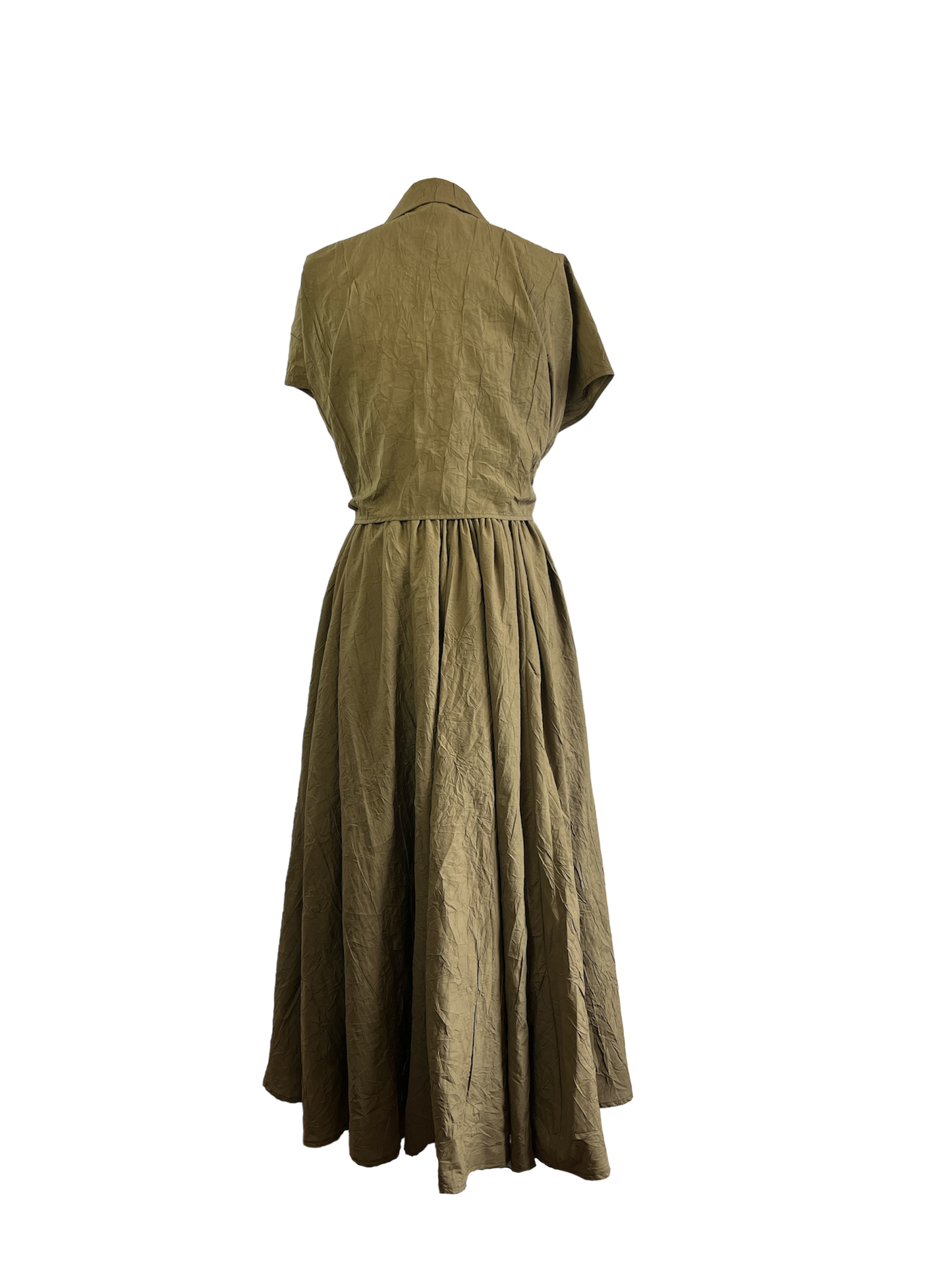 Back of cotton cupro dress with an adjustable waist and button detailing