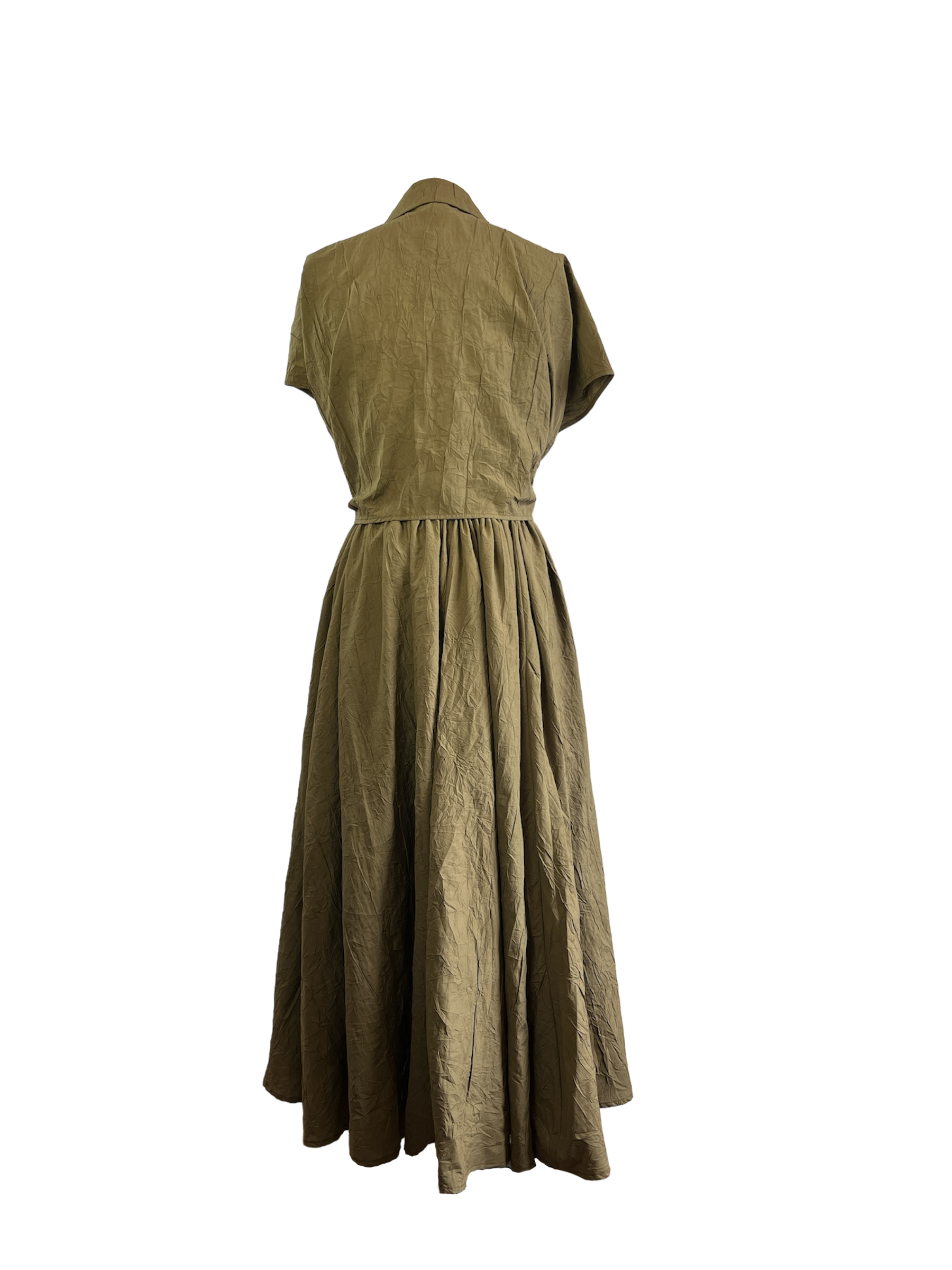 Back of cotton cupro dress with an adjustable waist and button detailing
