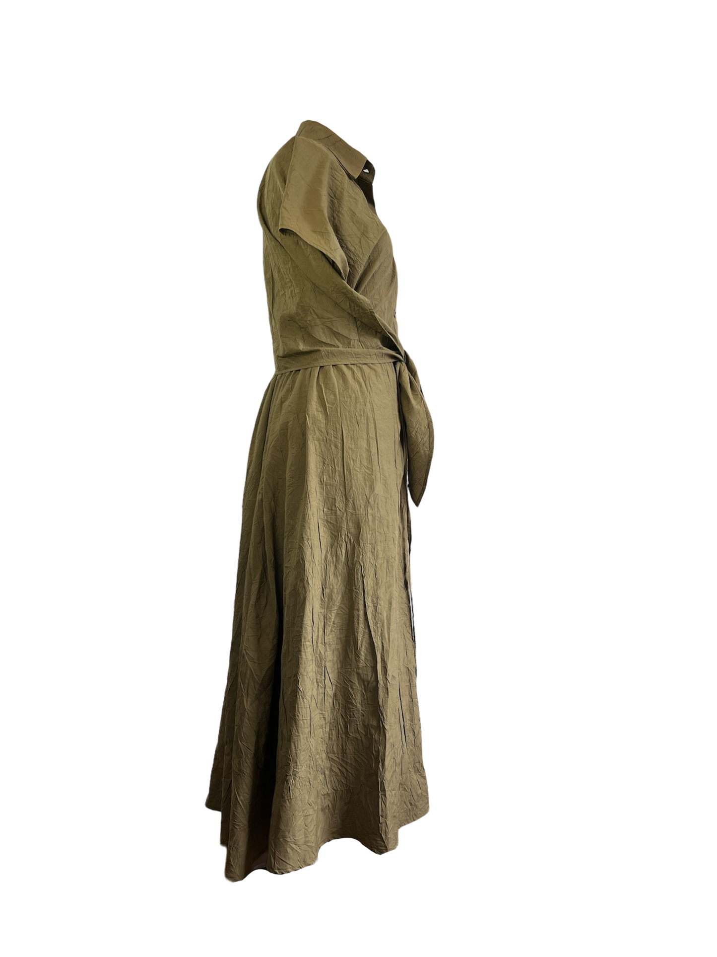 Side of light olive cotton cupro dress with an adjustable waist and button detailing