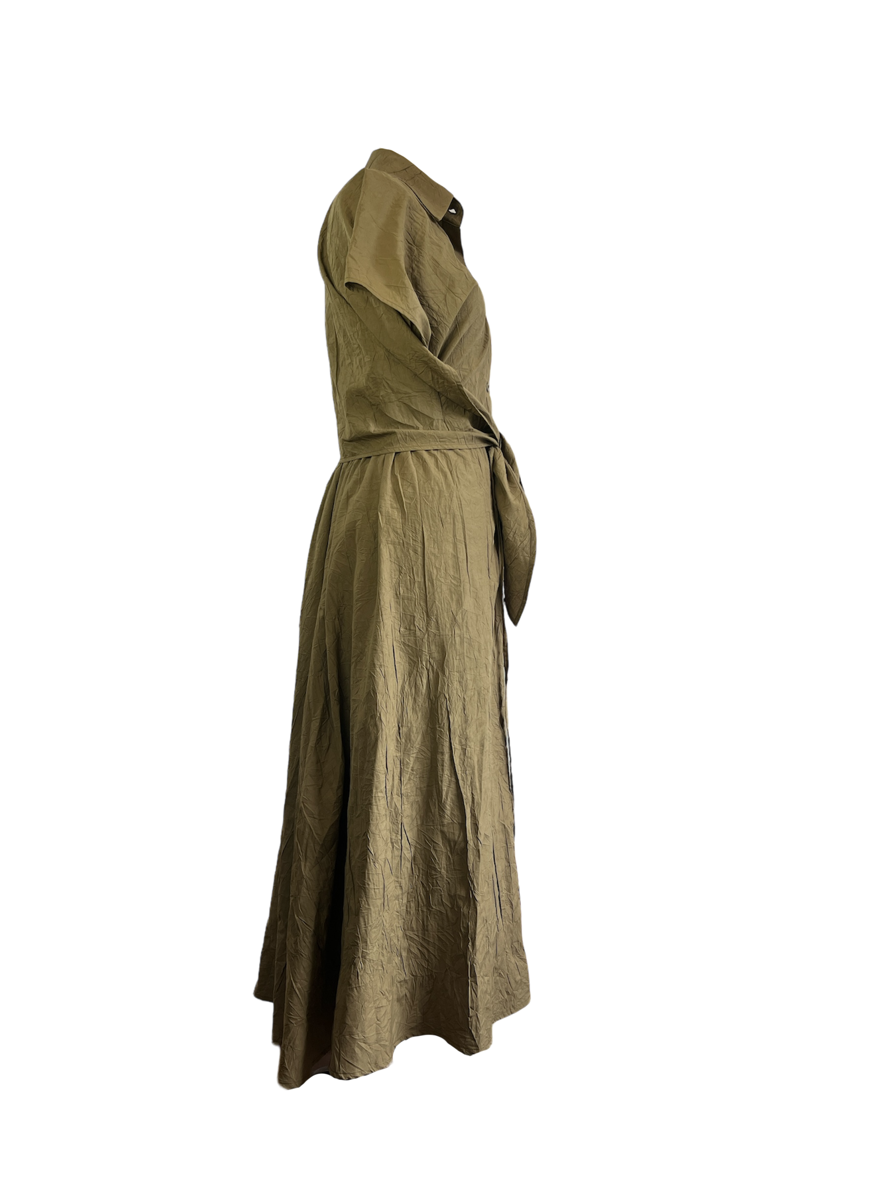 Side of light olive cotton cupro dress with an adjustable waist and button detailing
