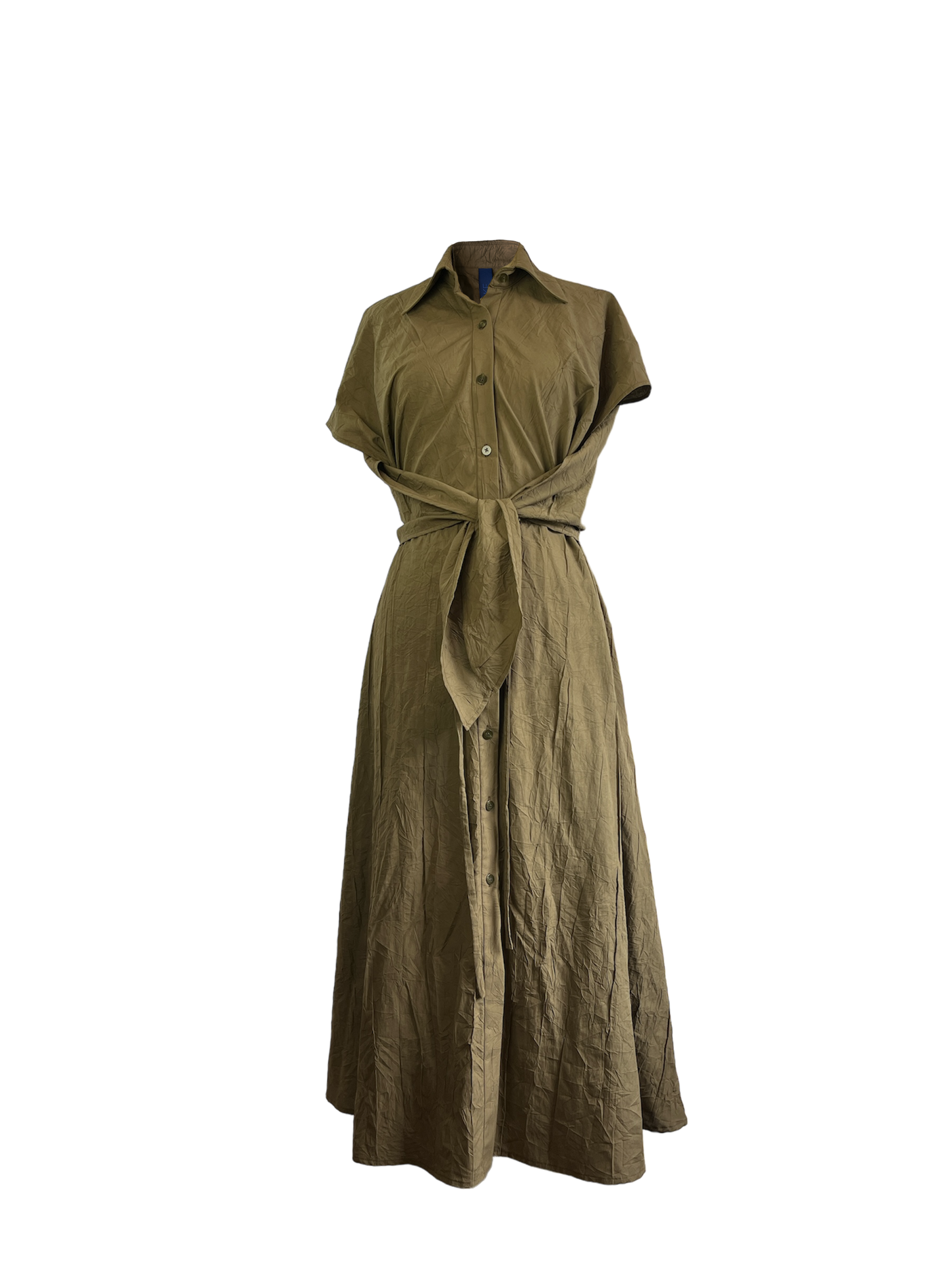Light olive cotton cupro dress with an adjustable waist and button detailing