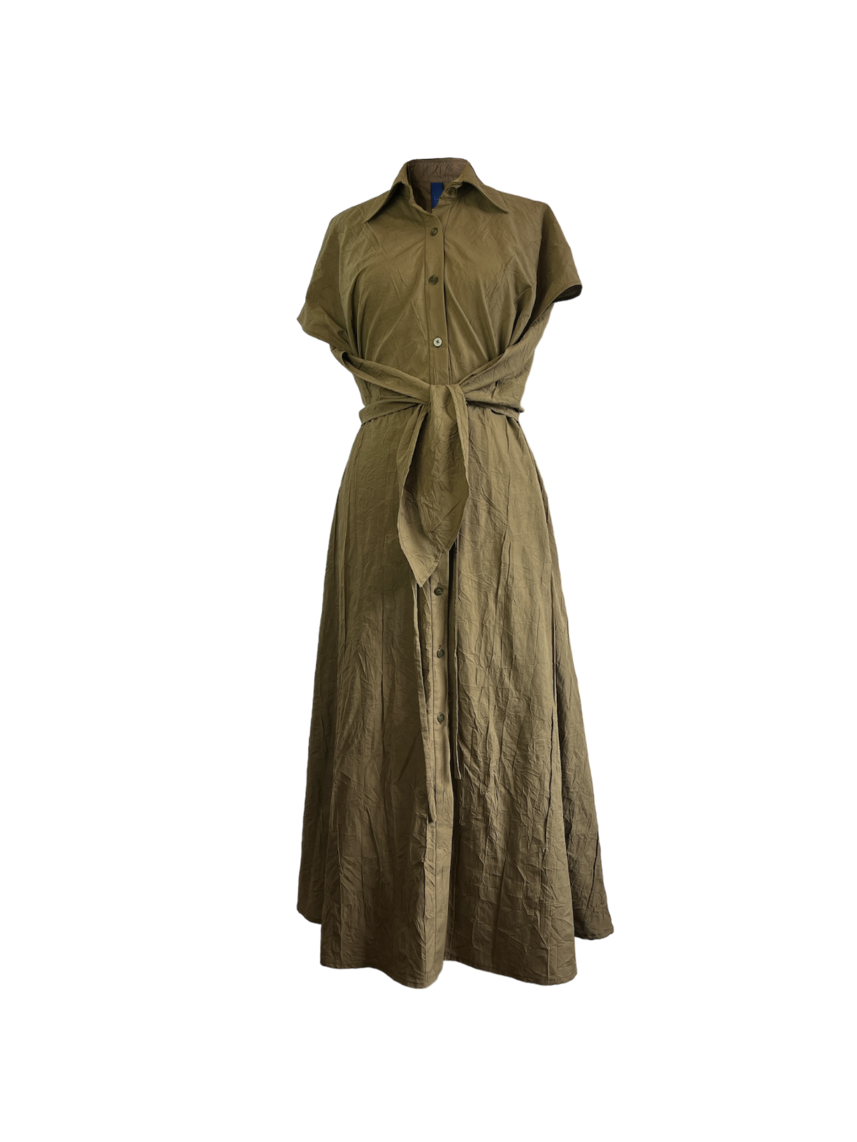 Light olive cotton cupro dress with an adjustable waist and button detailing