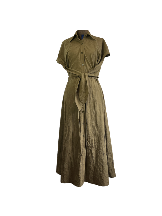 Light olive cotton cupro dress with an adjustable waist and button detailing