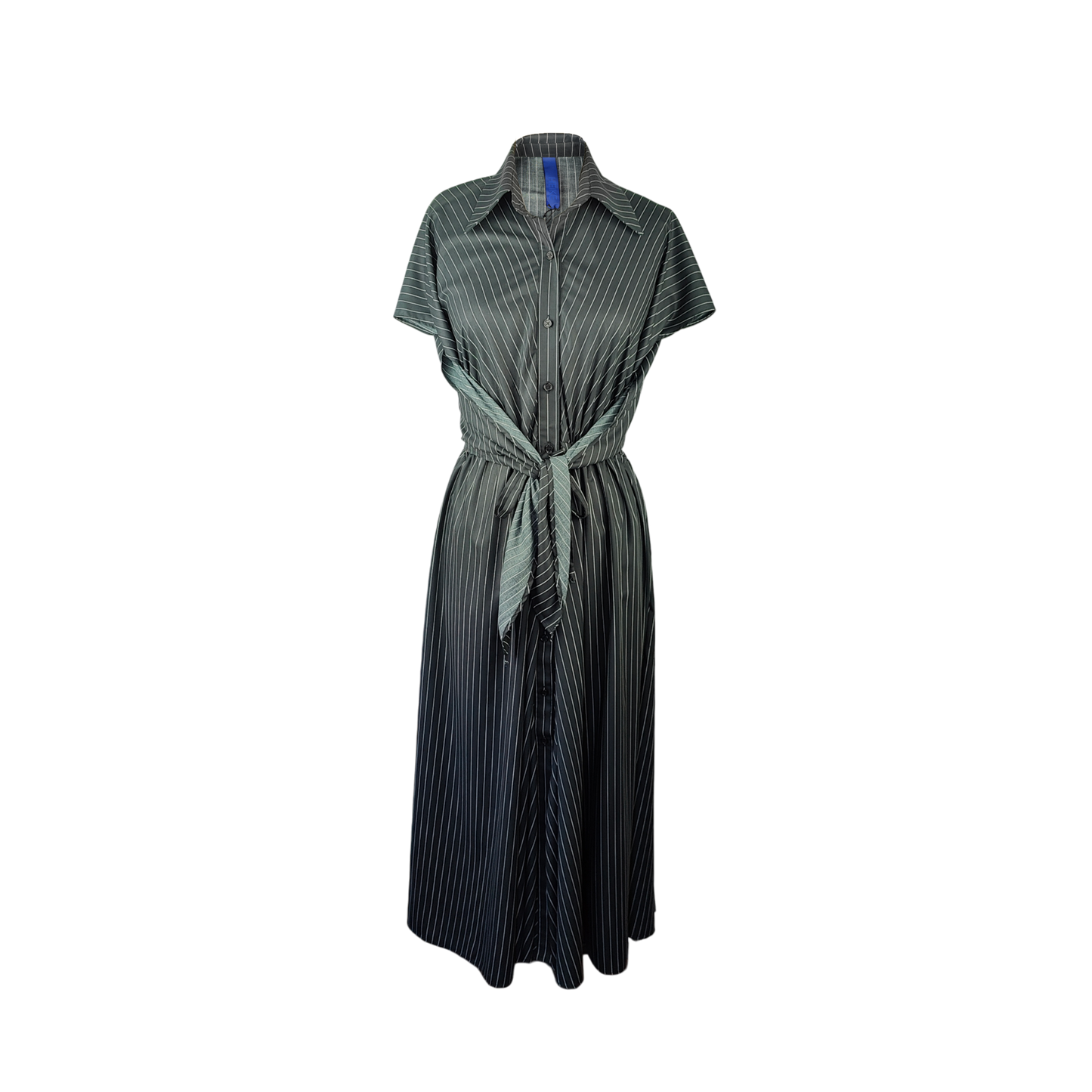 A black and white pinstripe dress with short sleeves and a tie belt at the waist