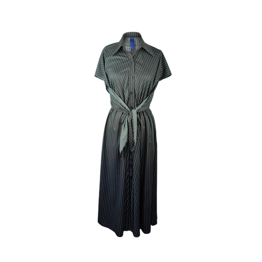 A black and white pinstripe dress with short sleeves and a tie belt at the waist