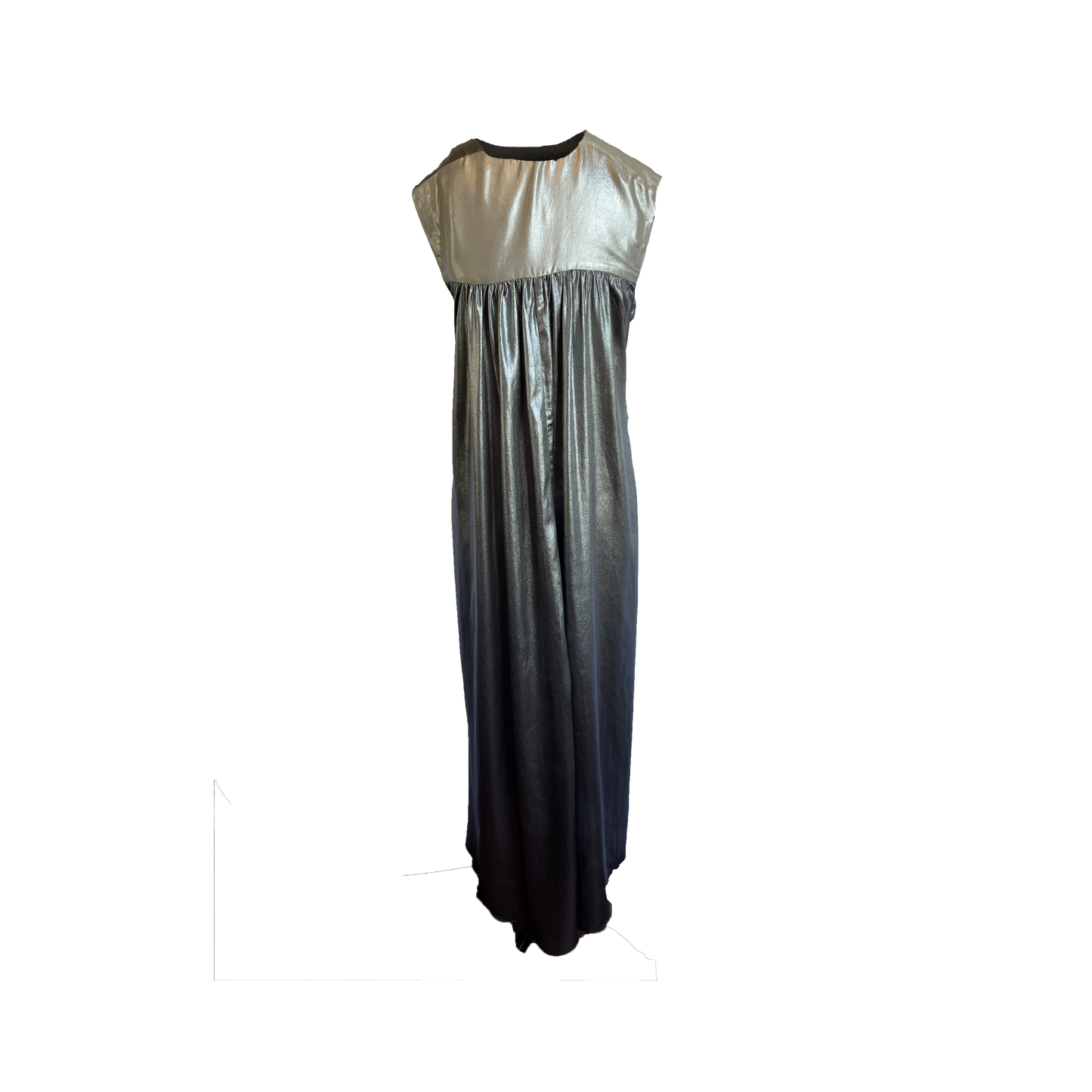 silver metallic sleeveless maxi dress with a tie belt  white background