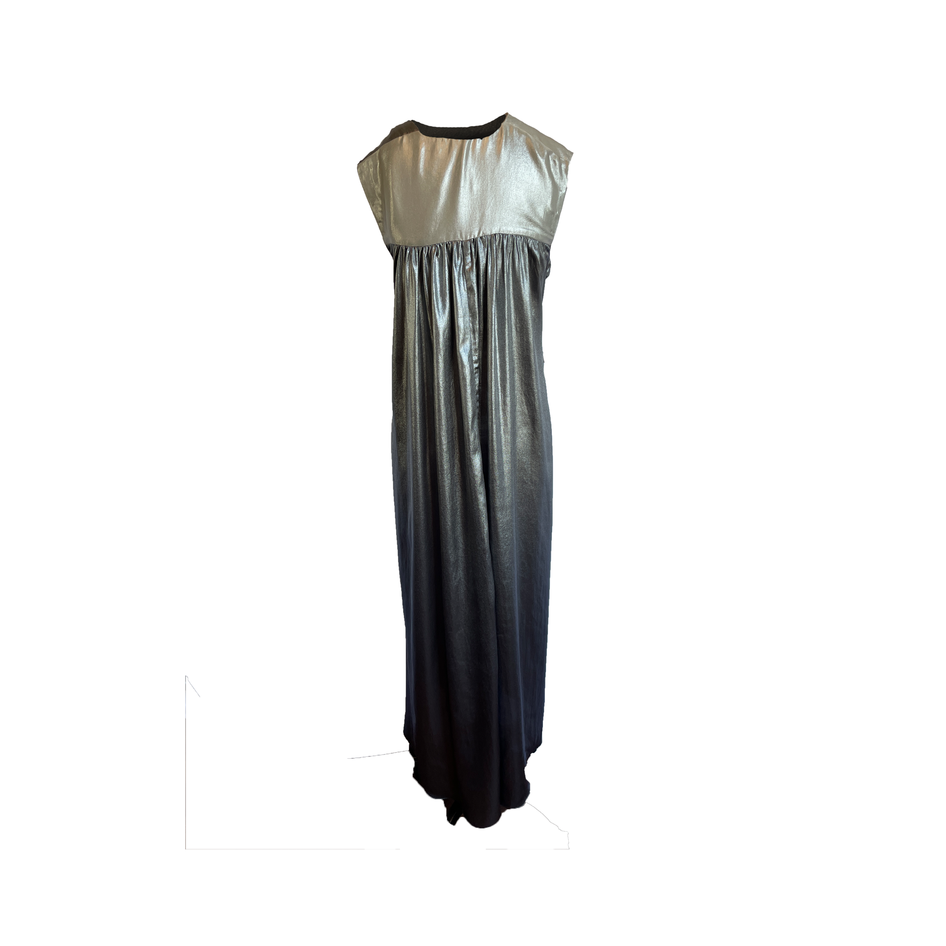 silver metallic sleeveless maxi dress with a tie belt  white background