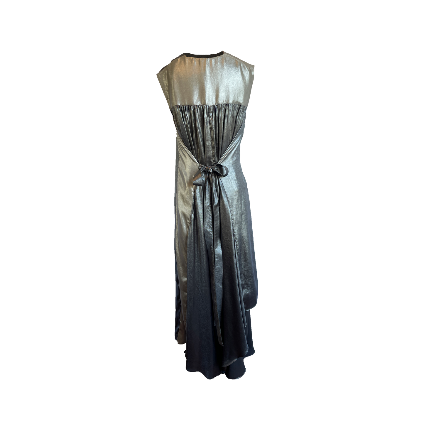 Silver metallic sleeveless dress with a tie belt on a white background
