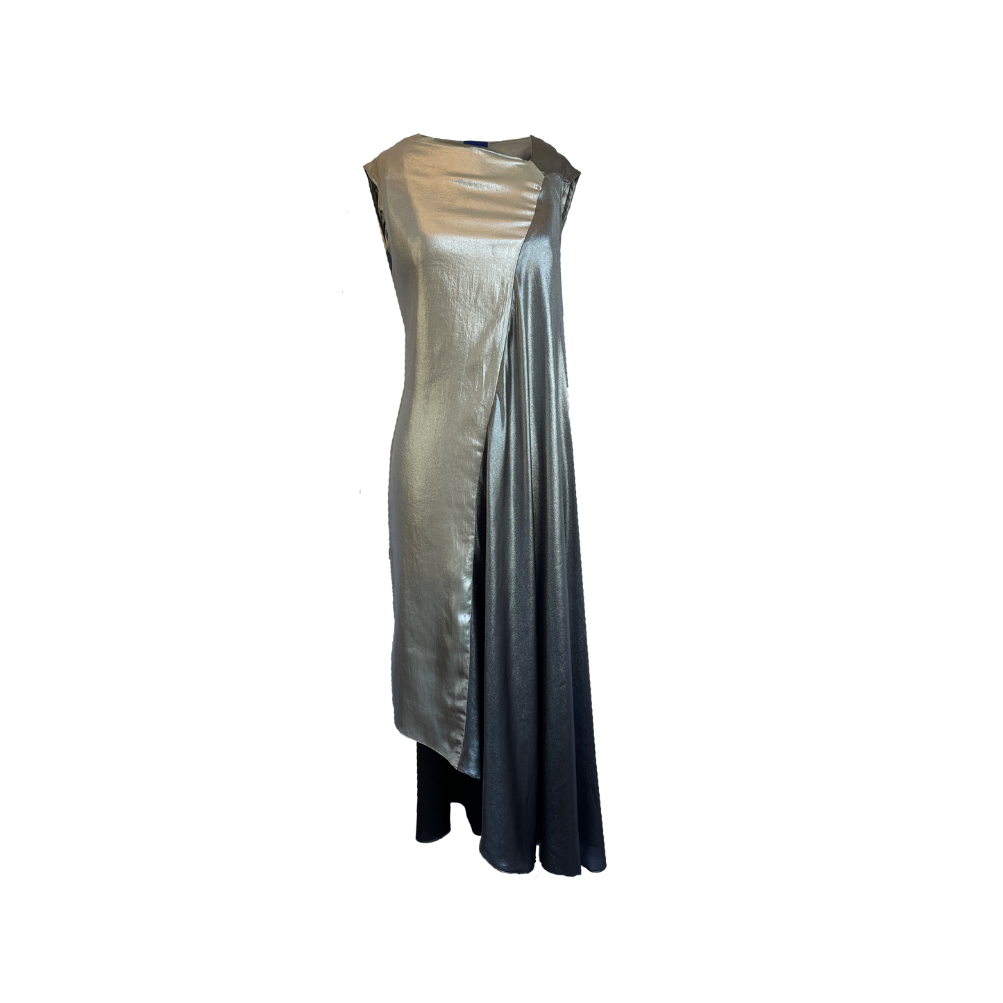 Long metallic dress with a draped effect on a white background