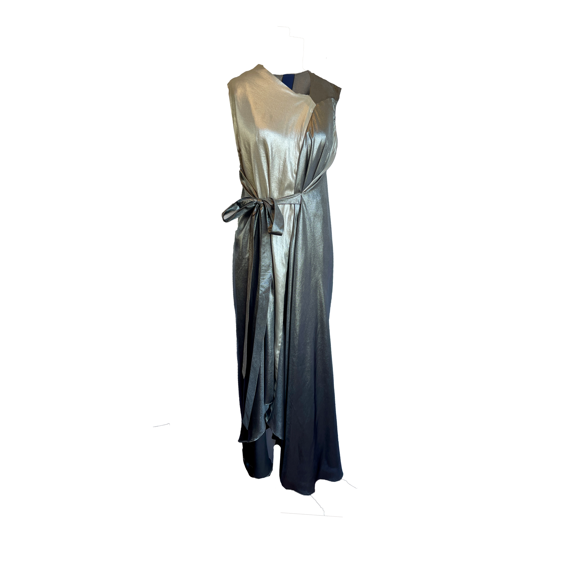 Silver metallic dress with a tie belt on a white background
