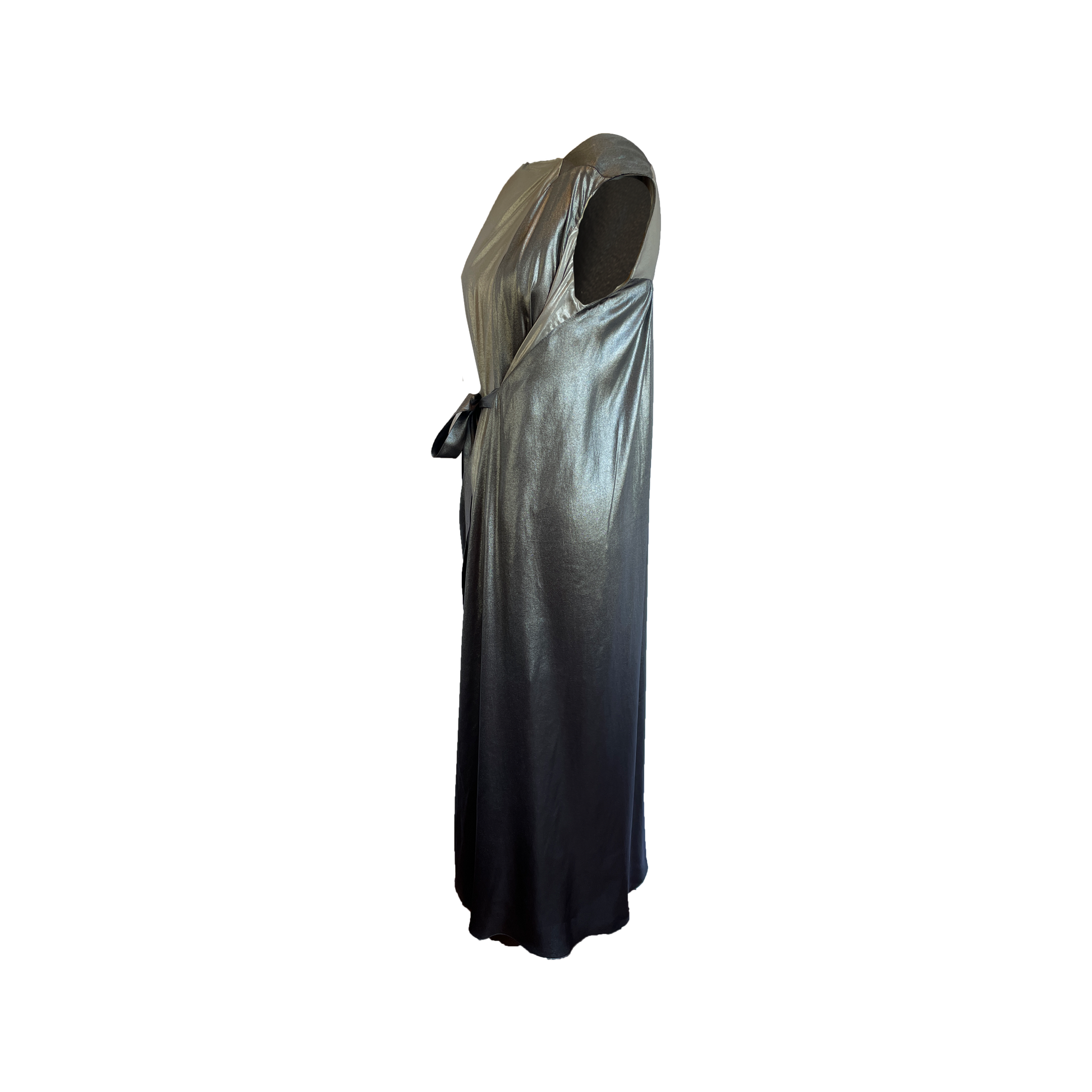 Long metallic silver and gunmetal dress on a white background