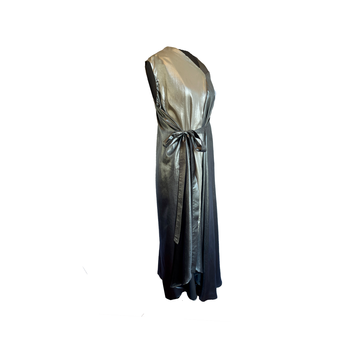 Silver metallic dress with a tie belt on a white background
