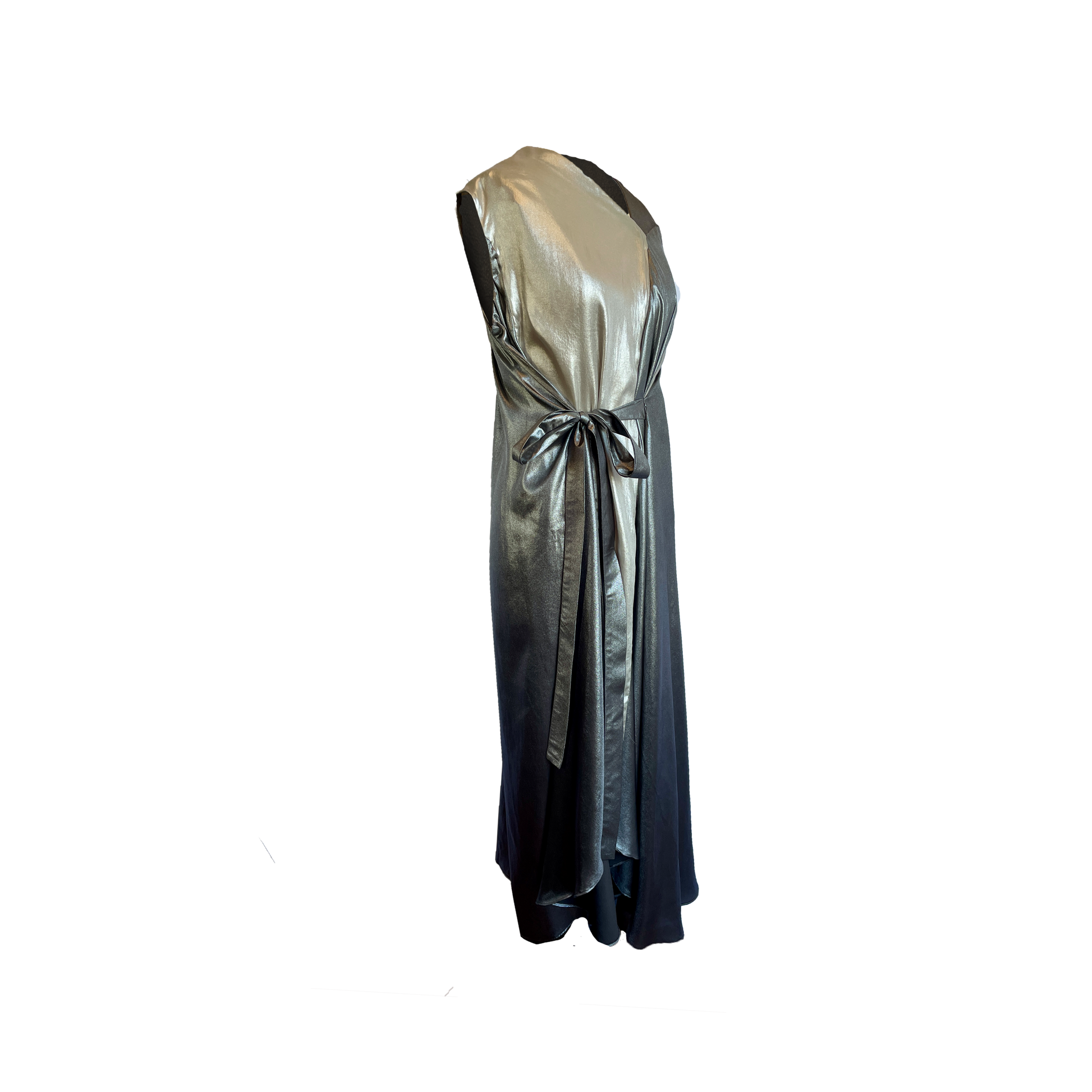 Silver metallic dress with a tie belt on a white background