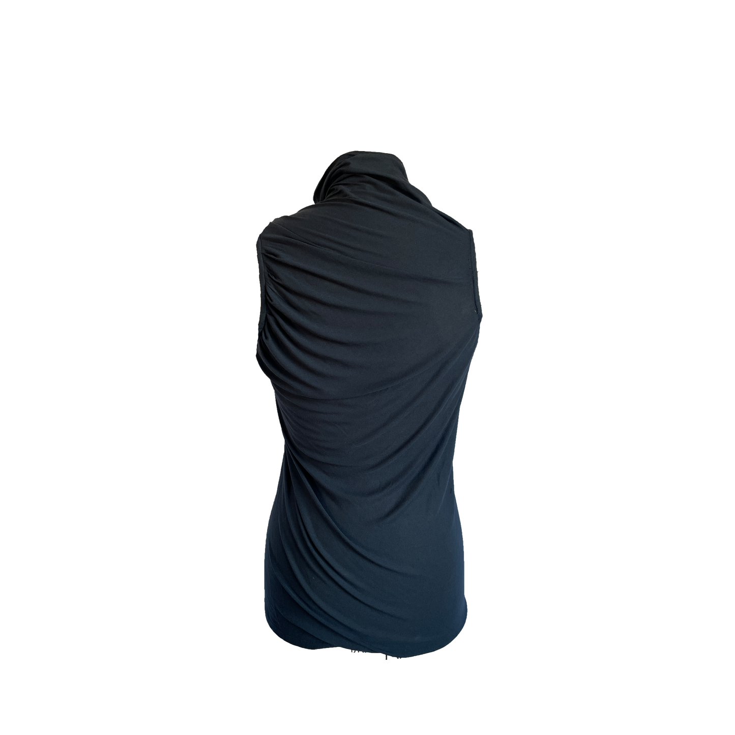 Back of black heathered fabric tunic made from linen jersey.