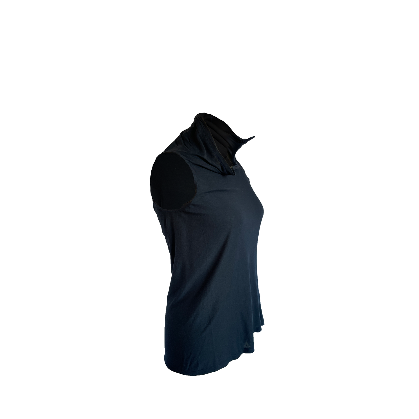 Side of black heathered fabric tunic made from linen jersey.