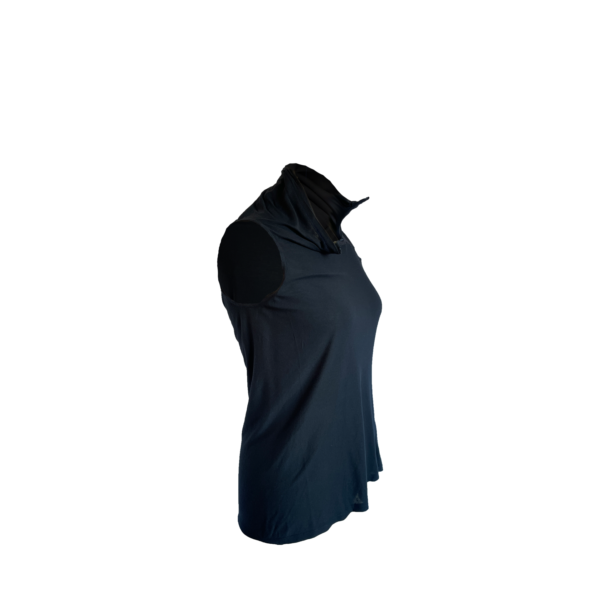 Side of black heathered fabric tunic made from linen jersey.