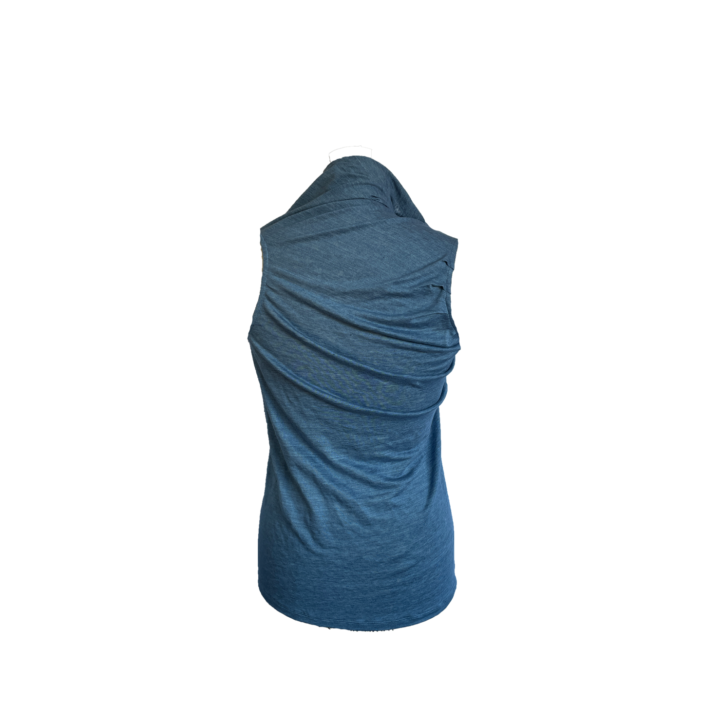 Back of navy heathered fabric tunic made from linen jersey.
