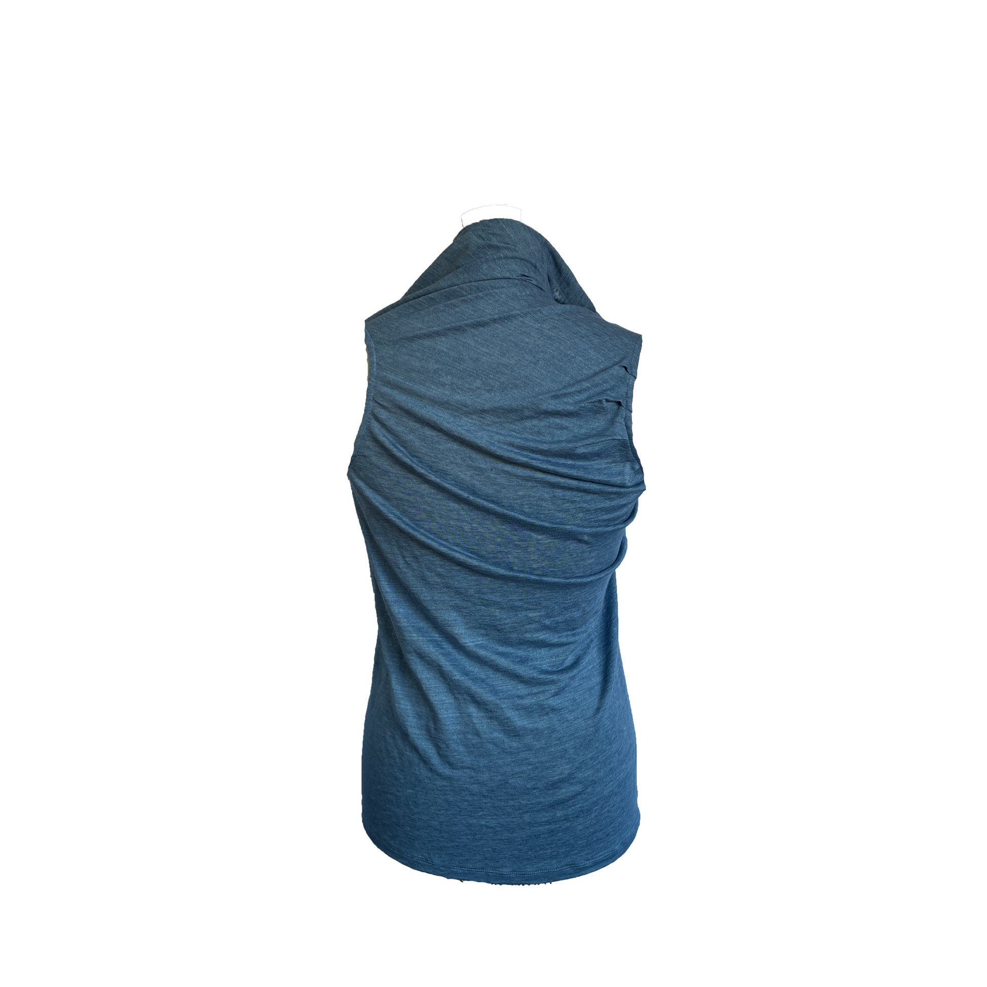 Back of navy heathered fabric tunic made from linen jersey.