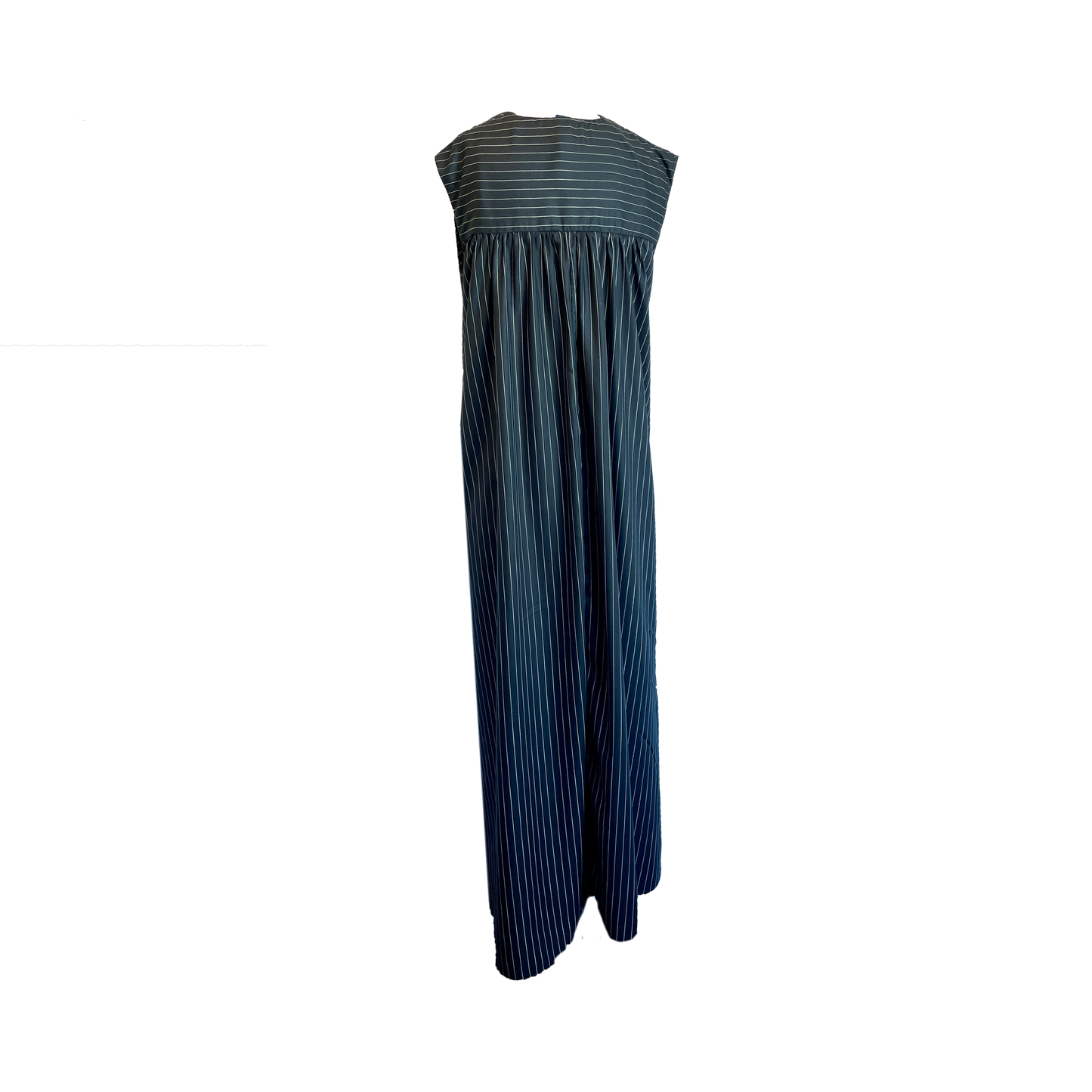 A long cupro pinstripe sleeveless maxi dress with a tie belt