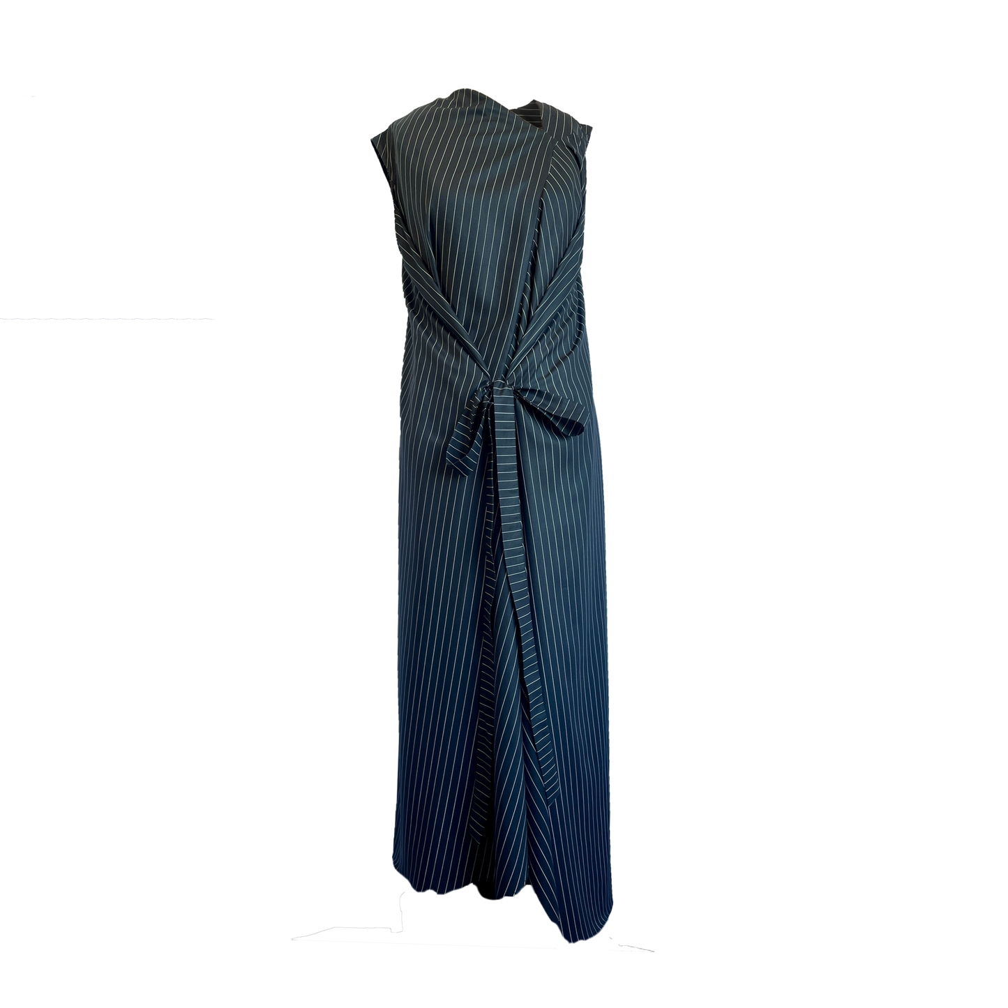 A long cupro pinstripe sleeveless maxi dress with a tie belt