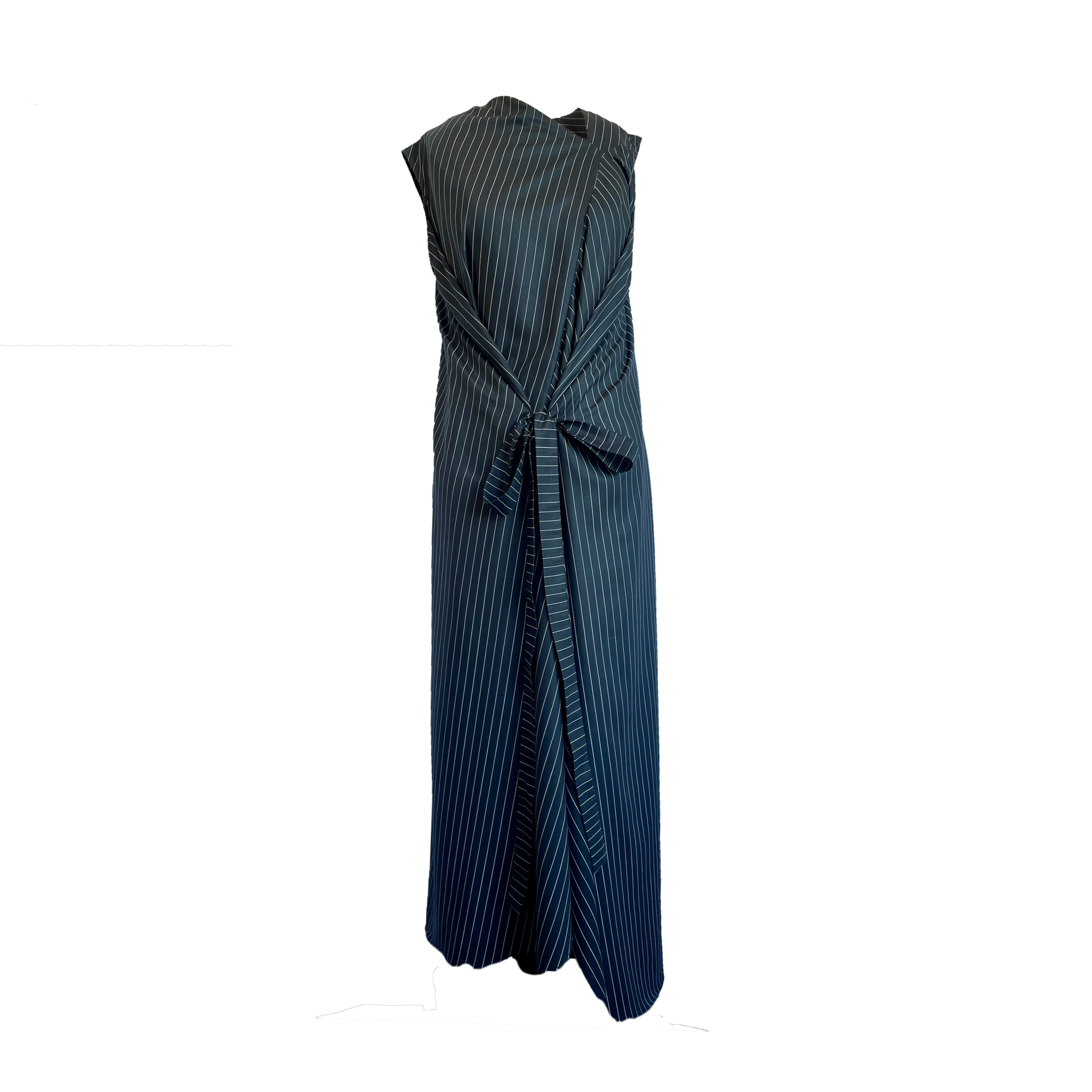A long cupro pinstripe sleeveless maxi dress with a tie belt