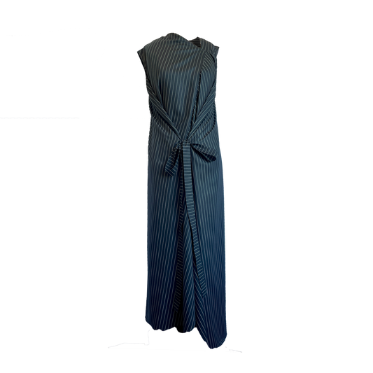A long cupro pinstripe sleeveless maxi dress with a tie belt