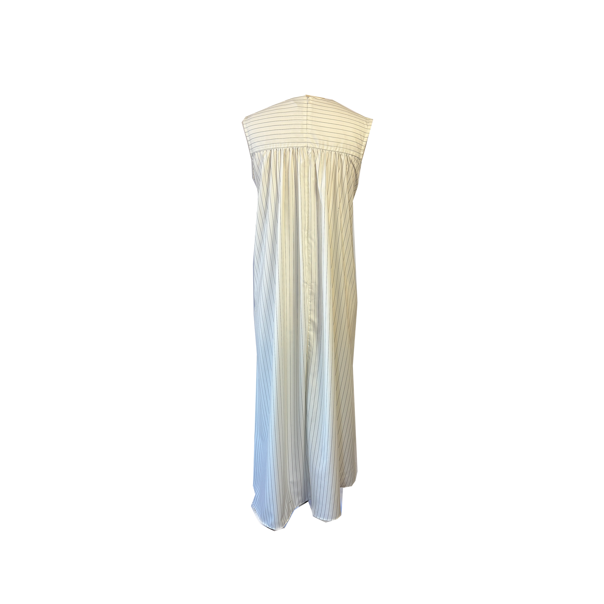 A long cupro pinstripe sleeveless maxi dress with a tie belt