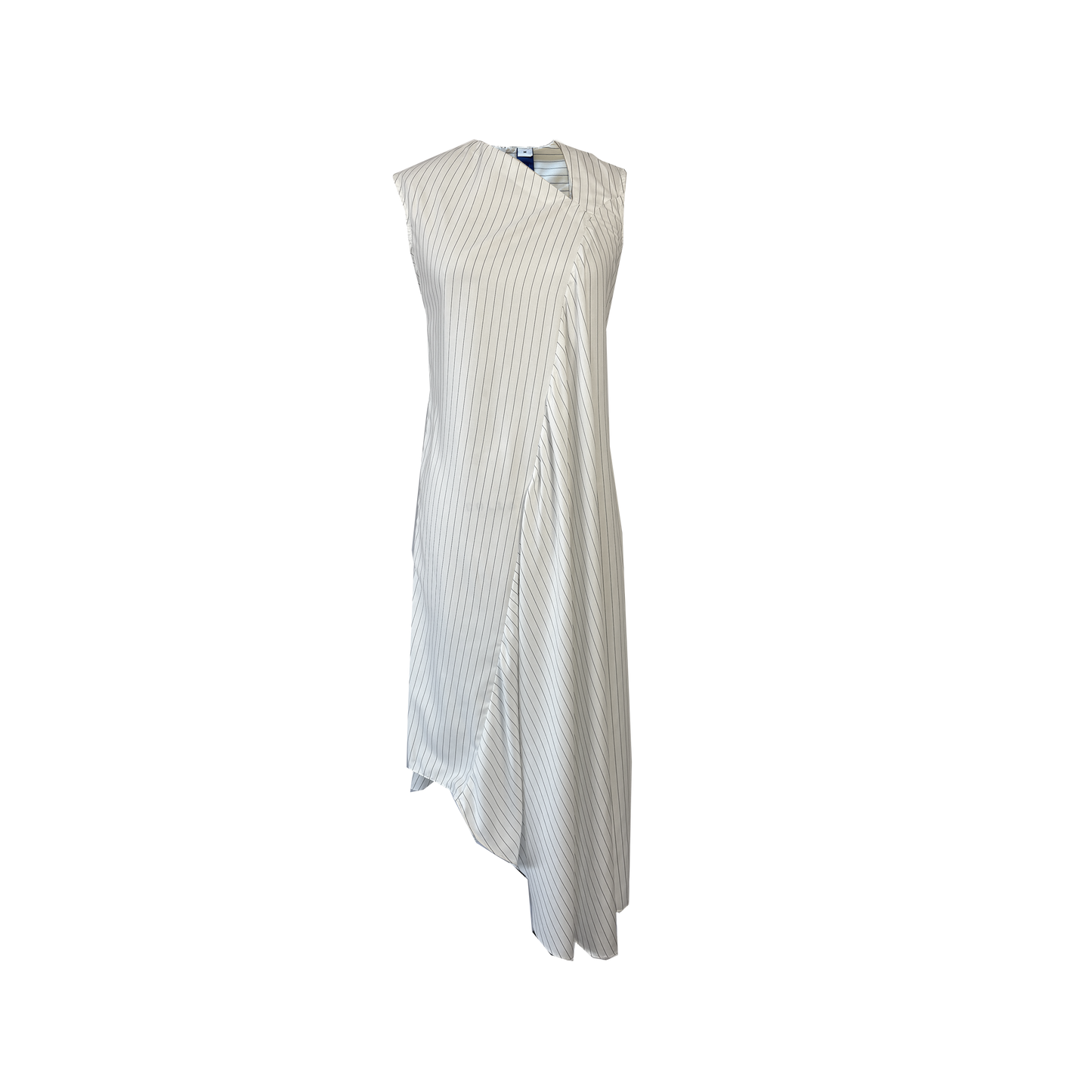 A long cupro pinstripe sleeveless maxi dress with a tie belt