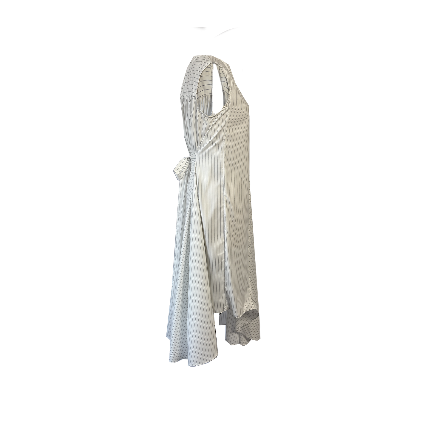 A long cupro pinstripe sleeveless maxi dress with a tie belt