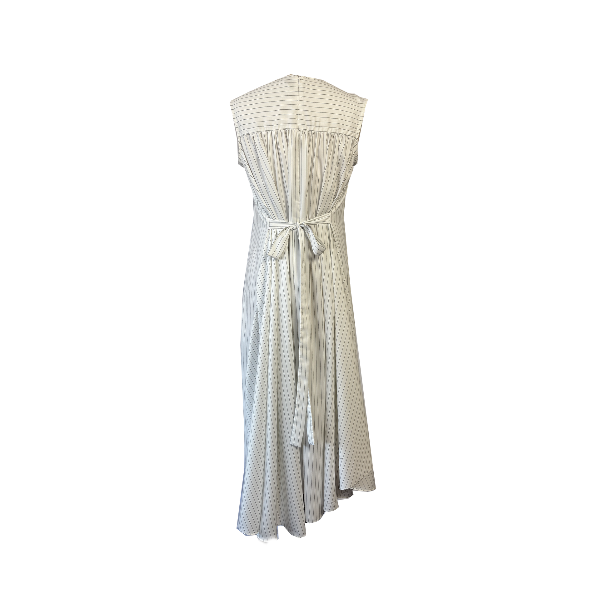 A long cupro pinstripe sleeveless maxi dress with a tie belt