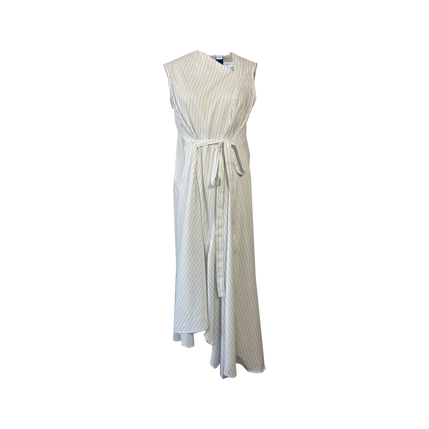 A long cupro pinstripe sleeveless maxi dress with a tie belt