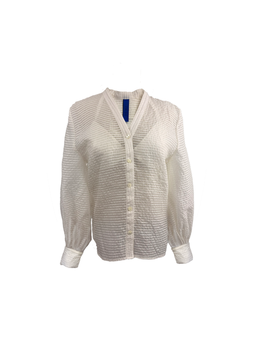 The Sheer Striped Volume-Sleeve V-Neck Blouse