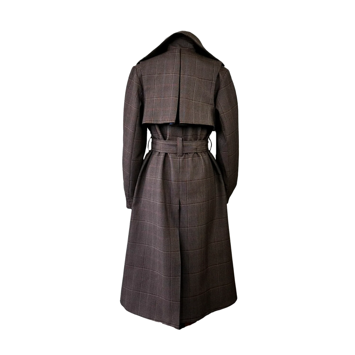 A long brown plaid coat with a matching waist tie belt | HEIKE-NY