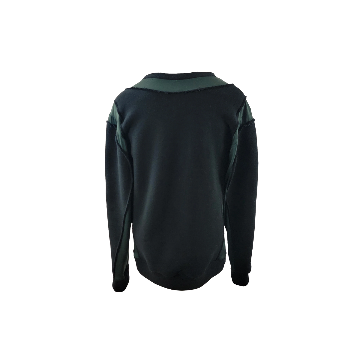 A dark green crewneck sweatshirt with contrasting dark green shoulder panels and ribbed cuffs