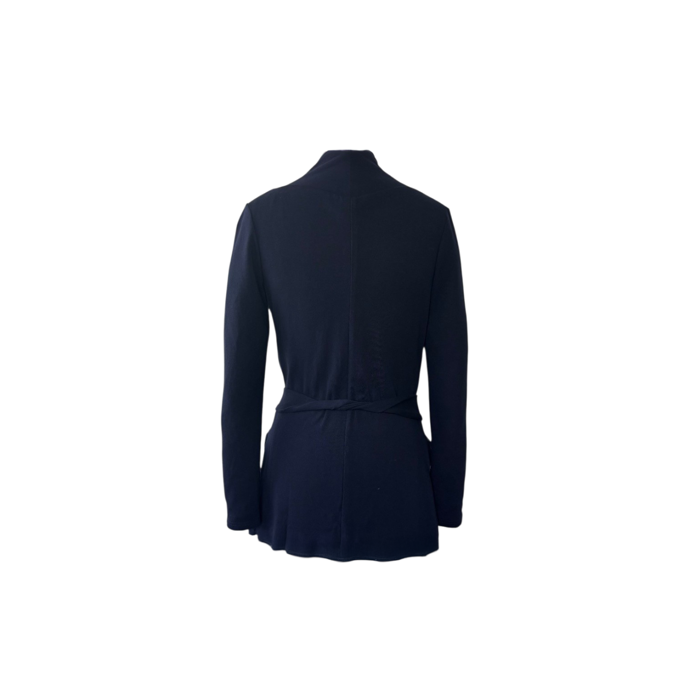A dark navy blue long-sleeve cardigan with a high mock neck and with drape-detailing at the waist, shown from the back 