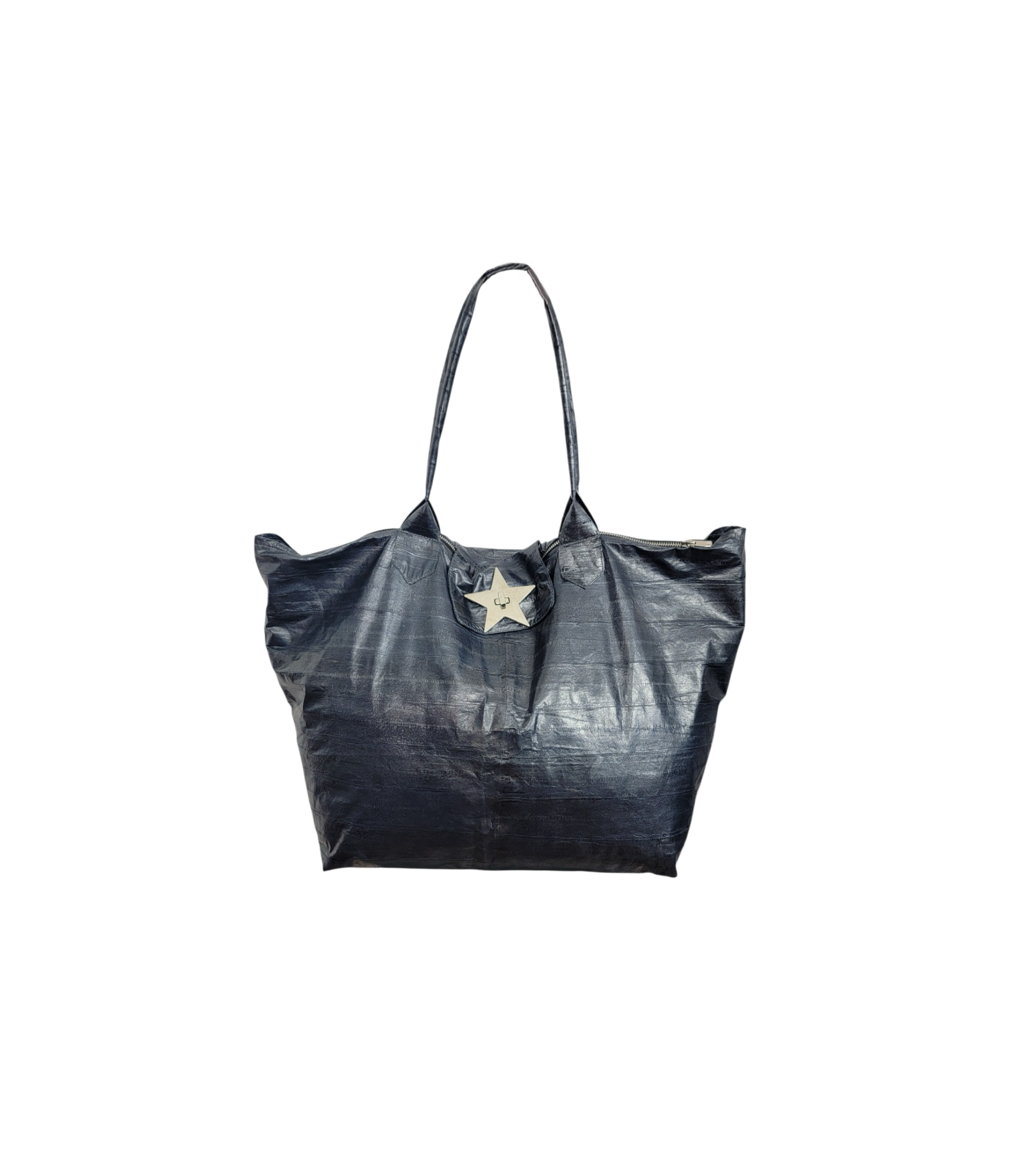 A blue eelskin leather tote bag with a prominent silver star-shaped hardware accent on the front