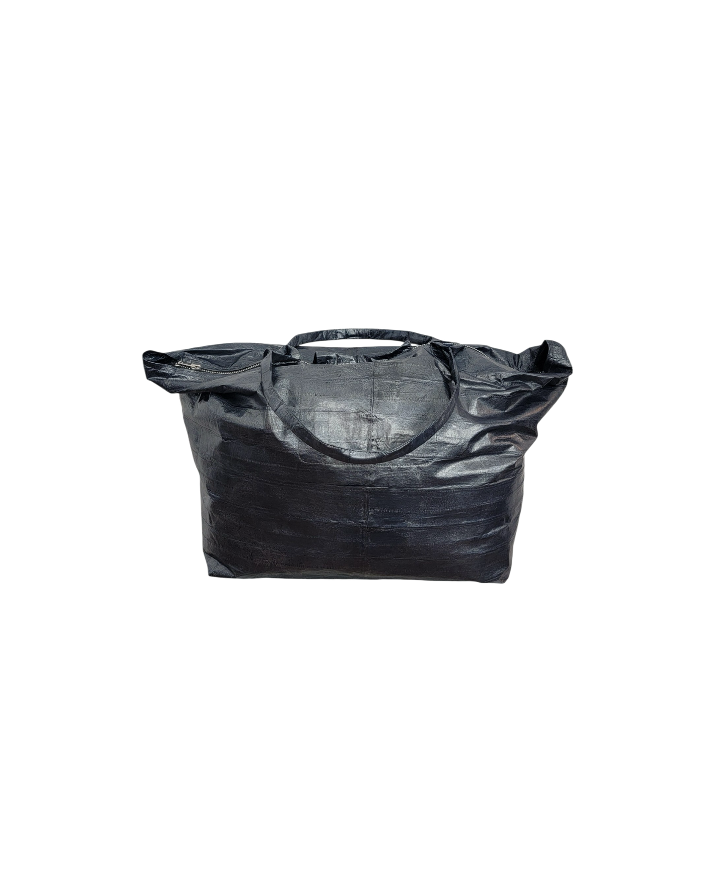 A blue eelskin leather tote bag with a prominent silver star-shaped hardware accent on the front