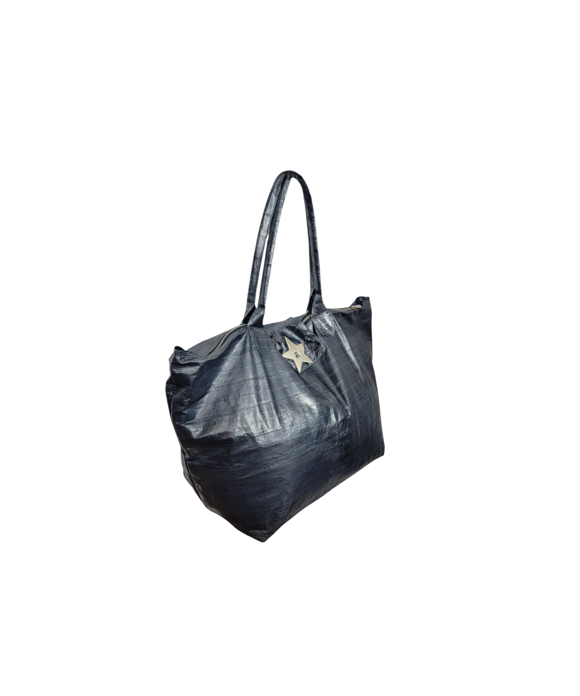 A blue eelskin leather tote bag with a prominent silver star-shaped hardware accent on the front