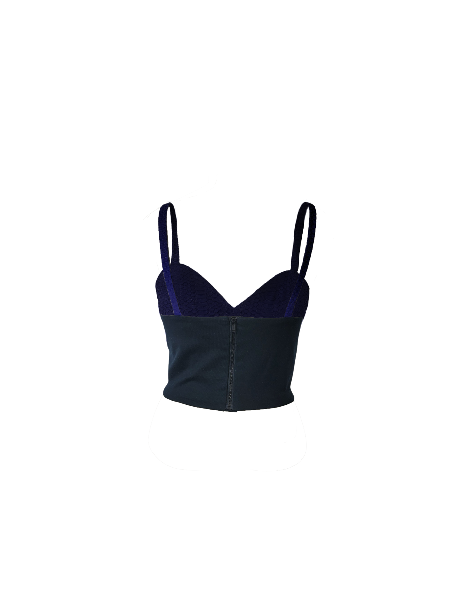 A royal blue eel-skin crop top with thin spaghetti straps