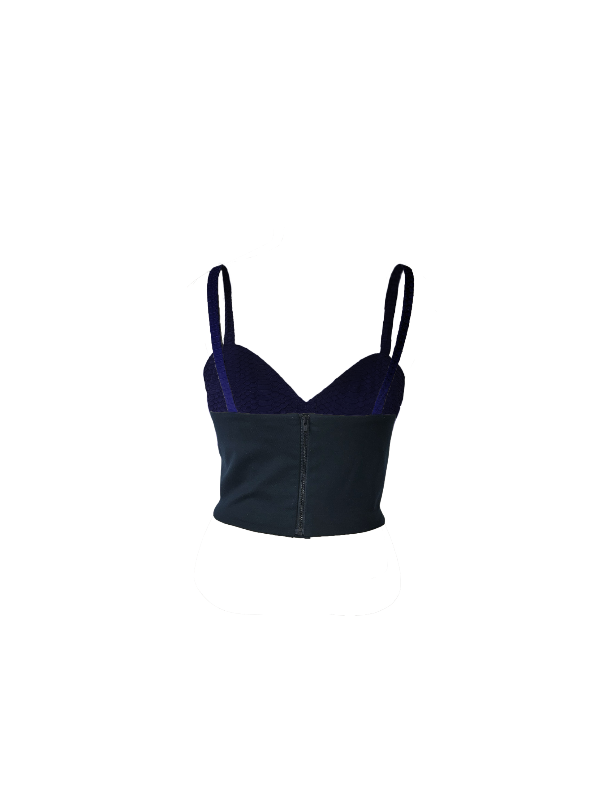 A royal blue eel-skin crop top with thin spaghetti straps