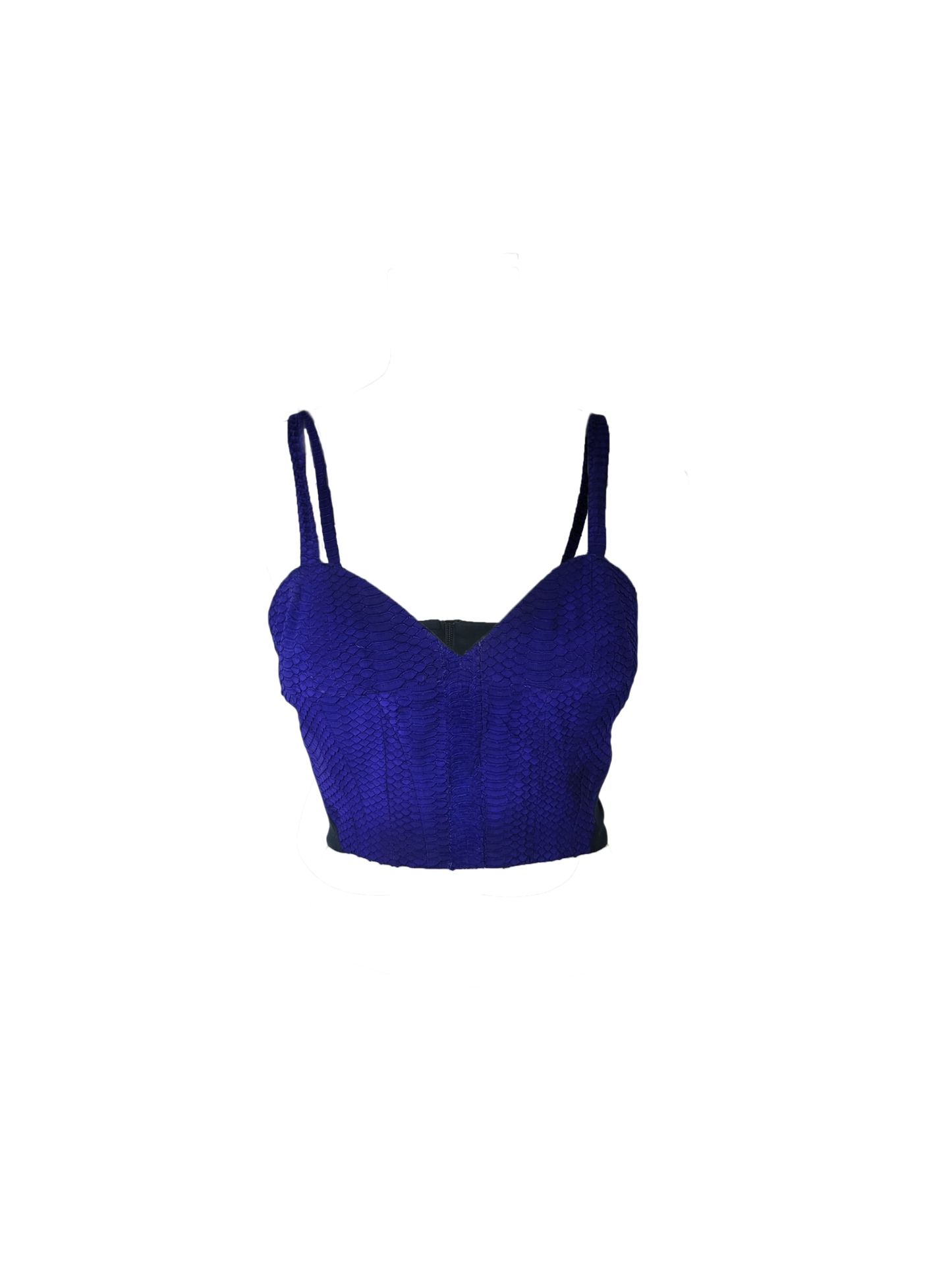 A royal blue eel-skin crop top with thin spaghetti straps