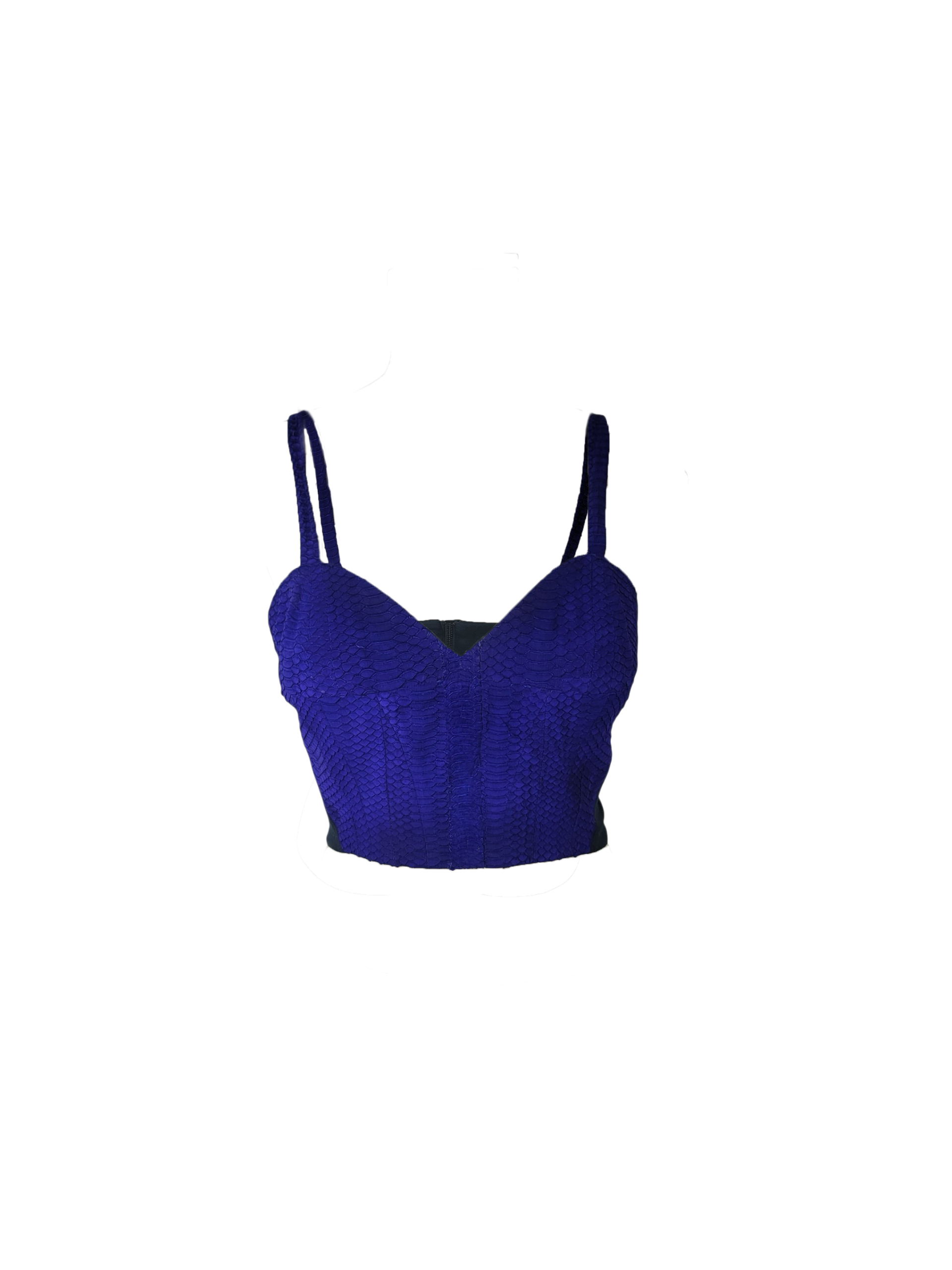 A royal blue eel-skin crop top with thin spaghetti straps