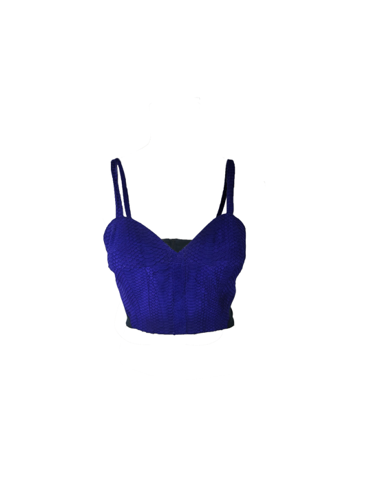 A royal blue eel-skin crop top with thin spaghetti straps