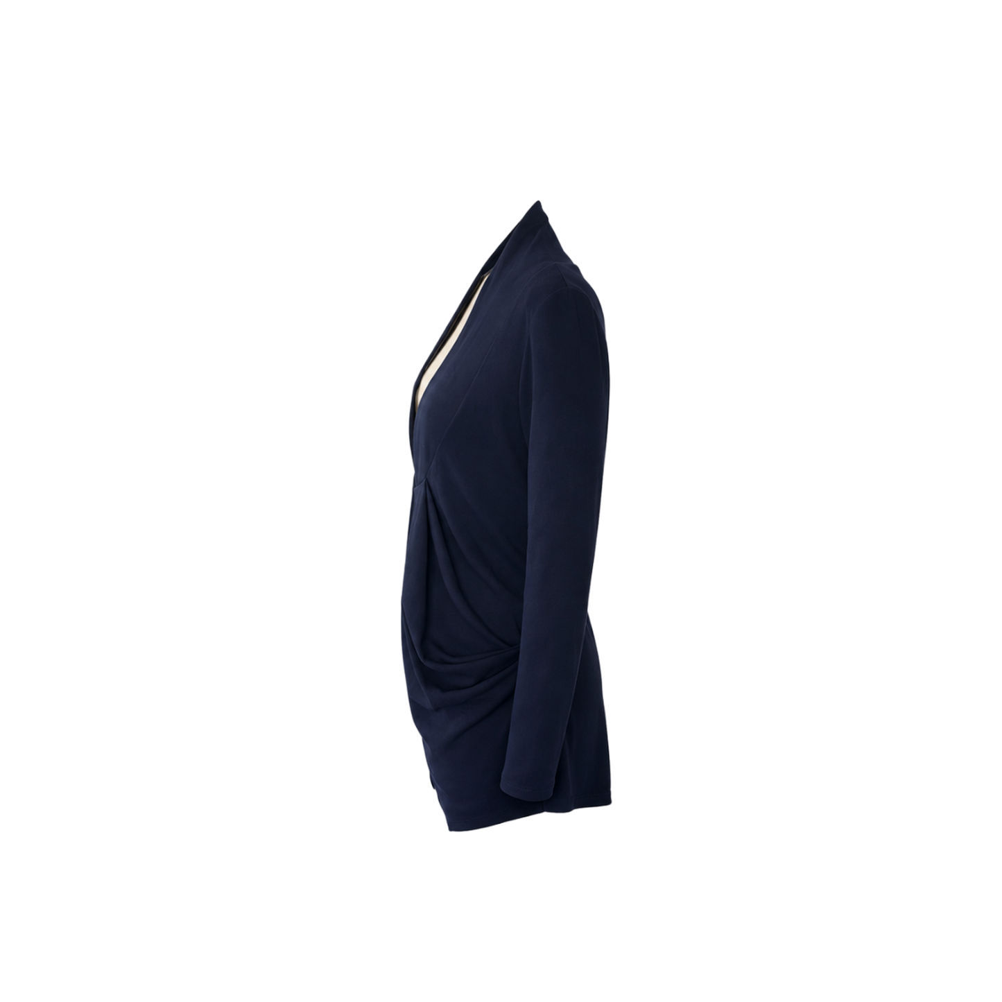 A dark navy blue long-sleeve cardigan with a high mock neck and with drape-detailing at the waist, shown from the side