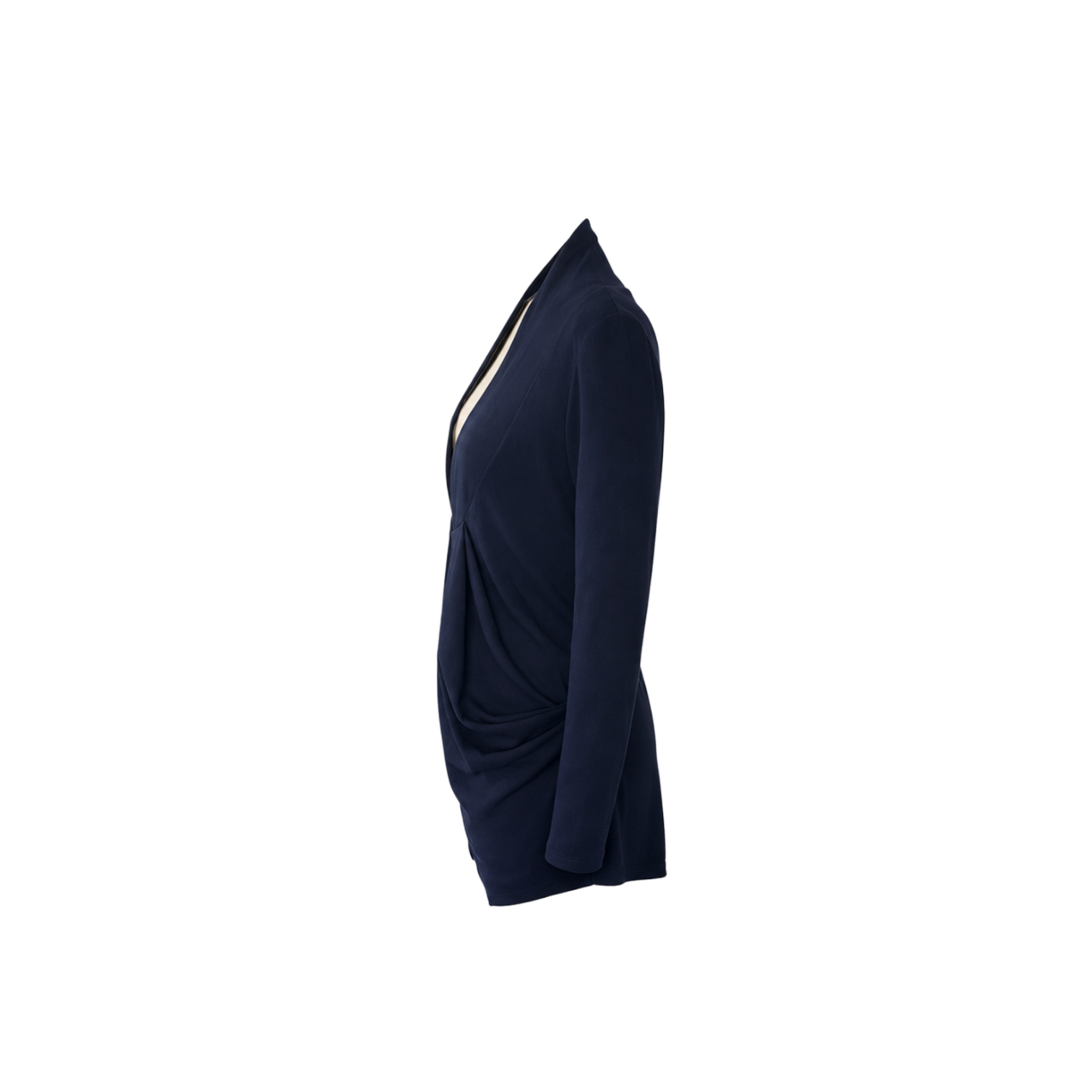 A dark navy blue long-sleeve cardigan with a high mock neck and with drape-detailing at the waist, shown from the side