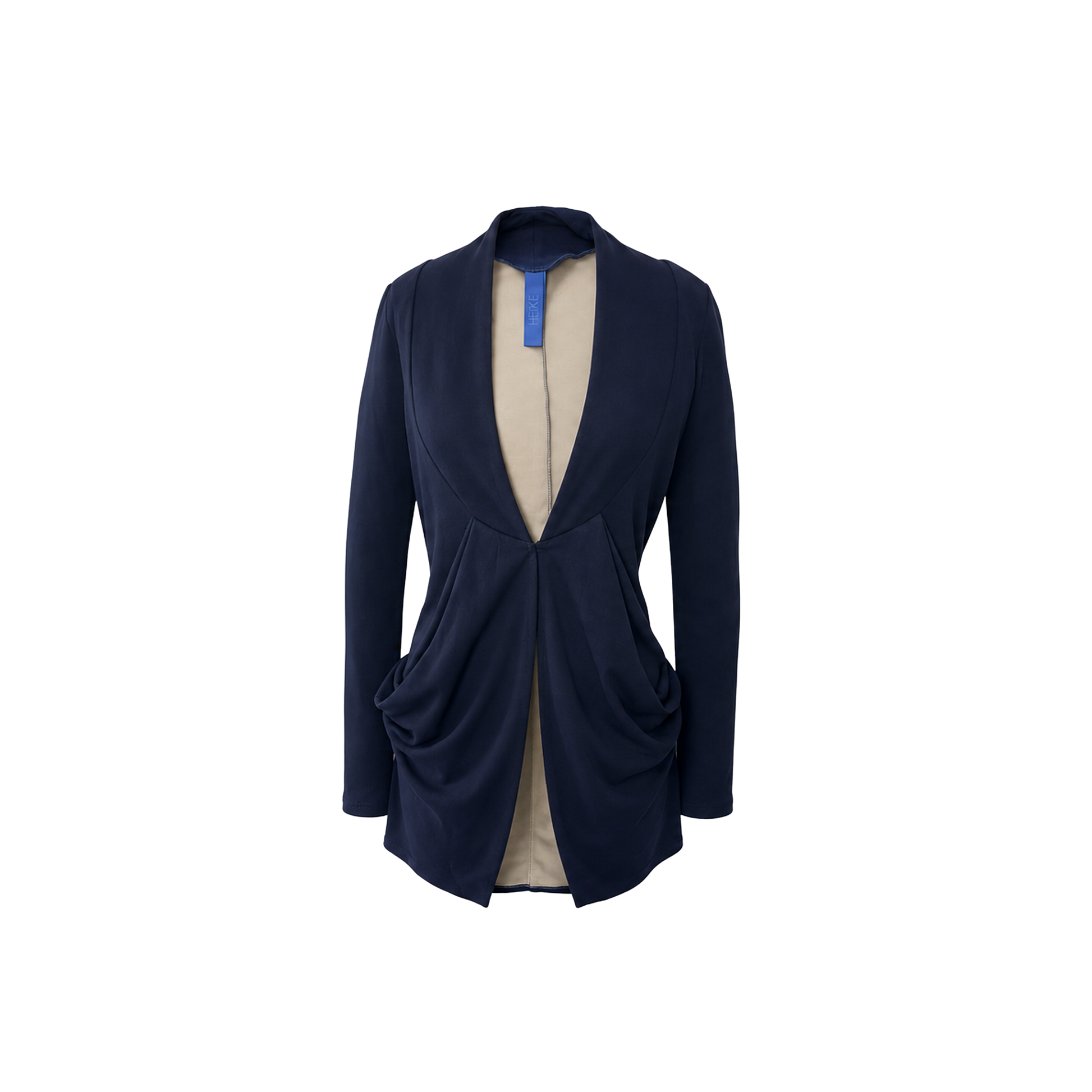 A dark navy blue long-sleeve cardigan with a high mock neck and with drape-detailing at the waist, shown from the front