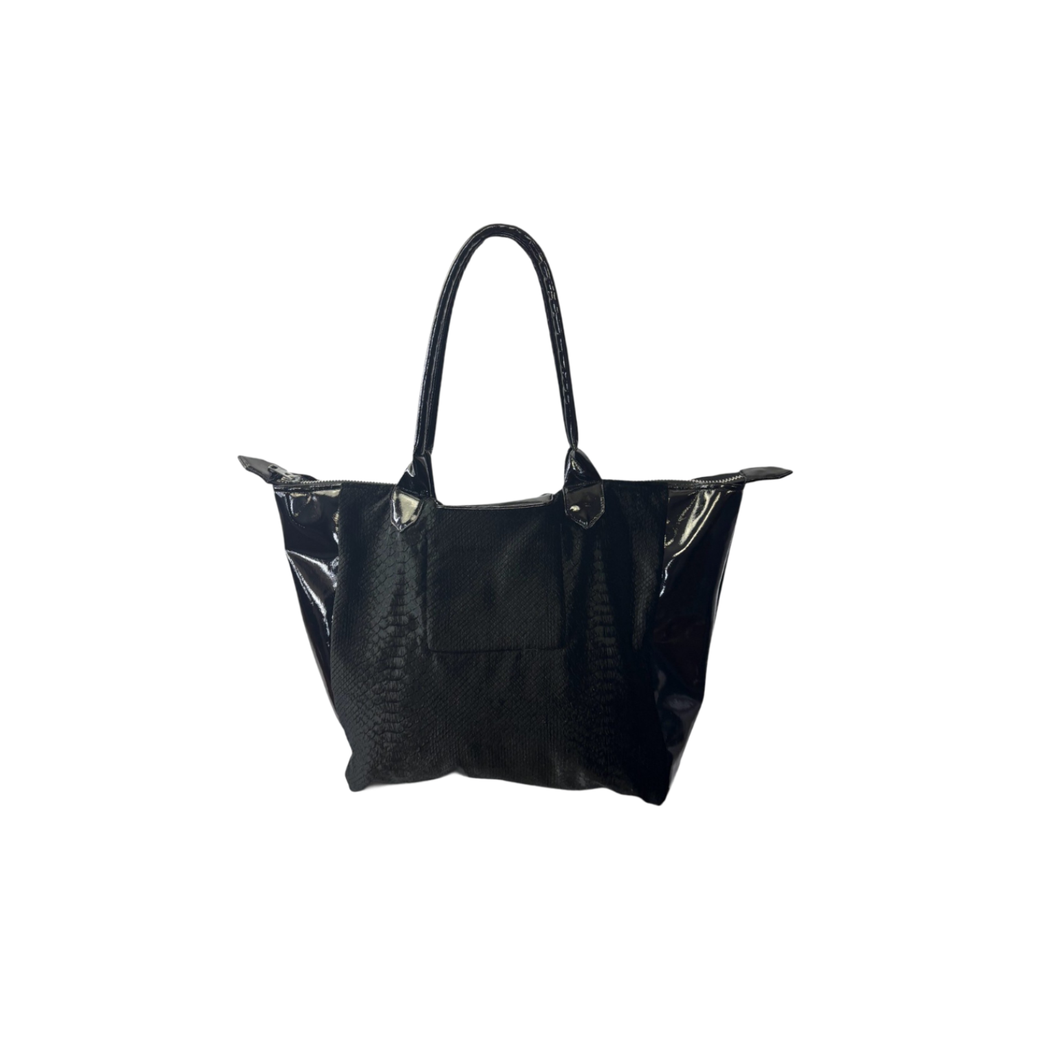 A black crocodile velvet bag with glossy patent leather side panels, and a prominent silver star-shaped metal clasp on the front